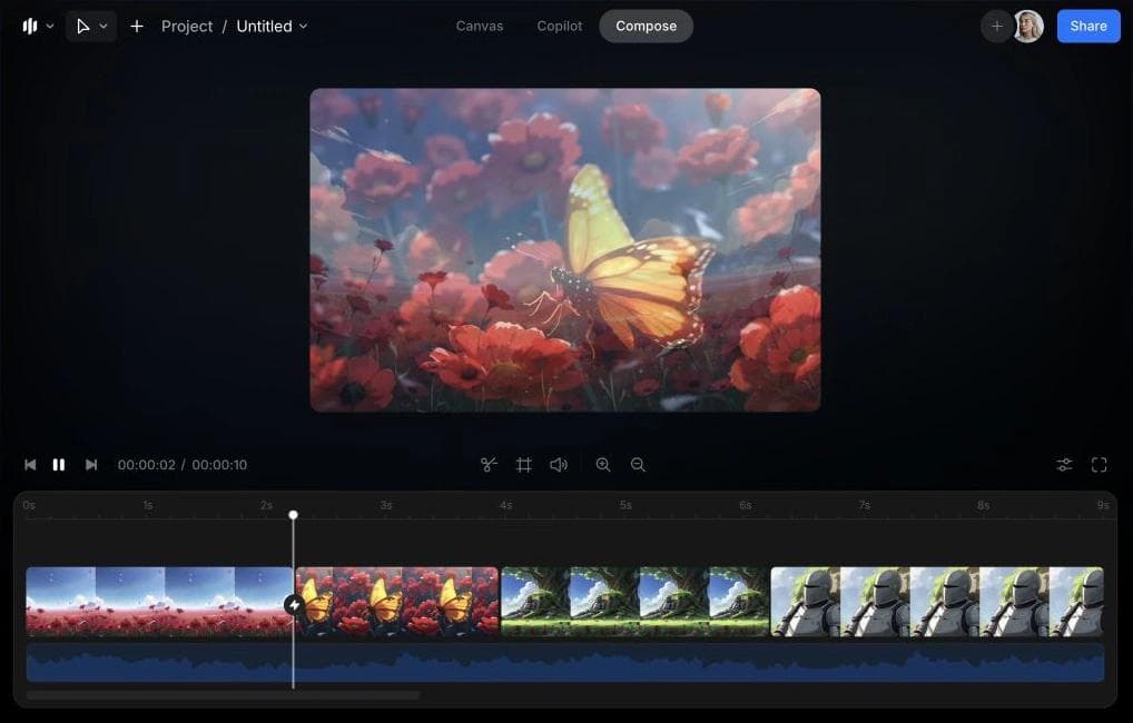 Morphic Compose demonstration with a video preview, sequenced clips, and an audio waveform