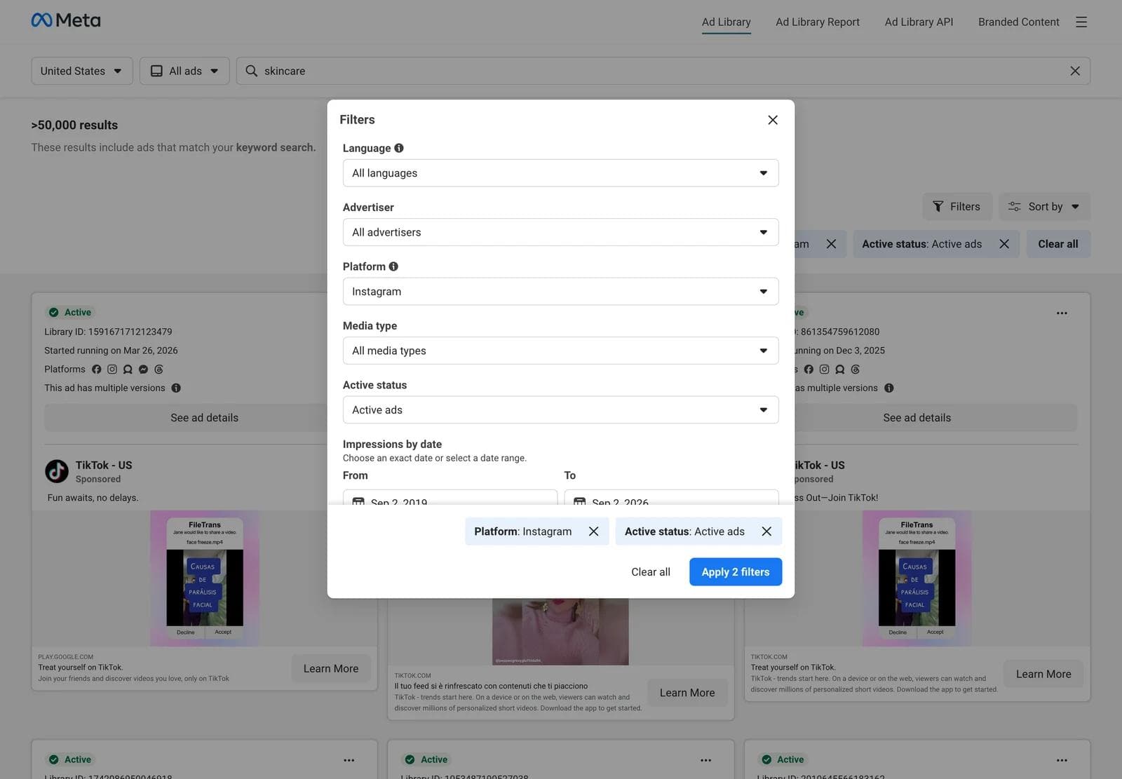 The Meta Ad Library Filters panel with Platform set to Instagram, Media type set to All media types, and Active status set to Active ads