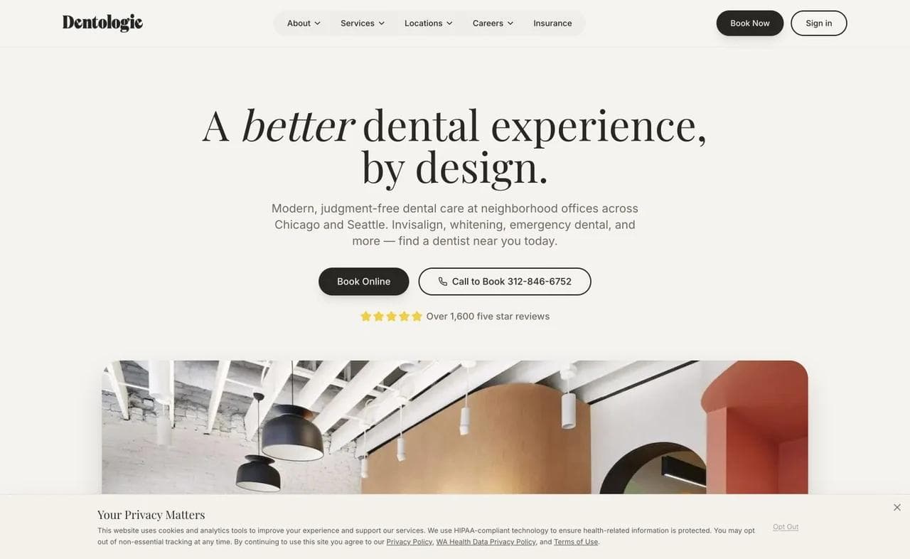 Dentologie homepage with consumer branding, office imagery, online booking, and call-to-book controls.
