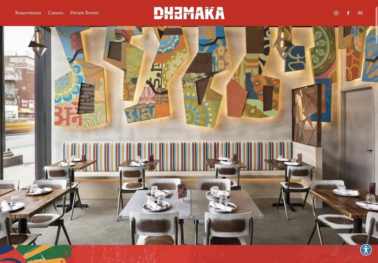 Dhamaka homepage hero showing its colorful New York dining room and persistent reservation navigation.