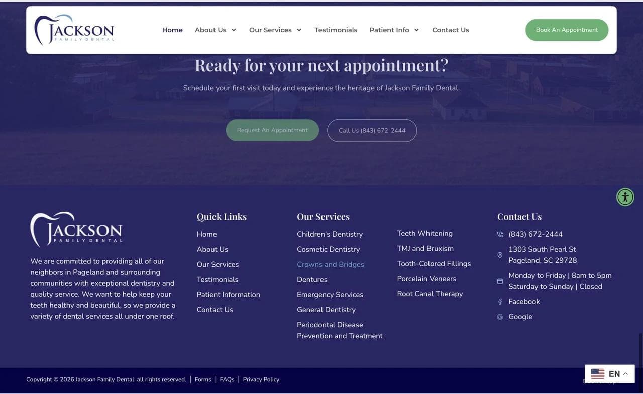 Jackson Family Dental closing appointment panel and footer with services, hours, address, and phone number.