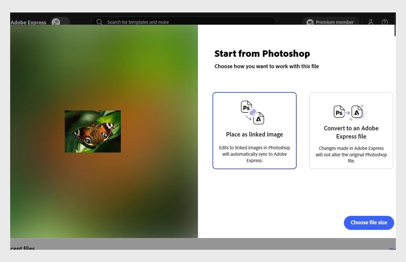 Adobe Express Start from Photoshop dialog comparing a linked image with conversion to an editable Express file