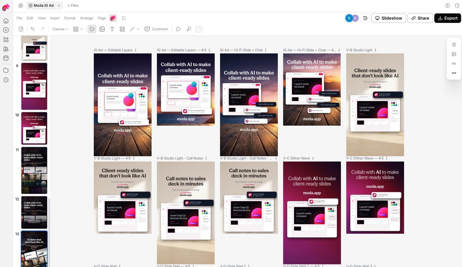 Moda canvas with editable campaign ad concepts in multiple formats
