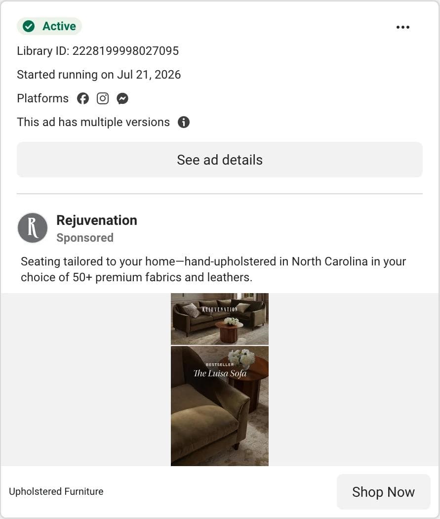Meta Ad Library card for a Rejuvenation image ad showing a sofa in a room above a close-up of its velvet arm with the words Bestseller The Luisa Sofa