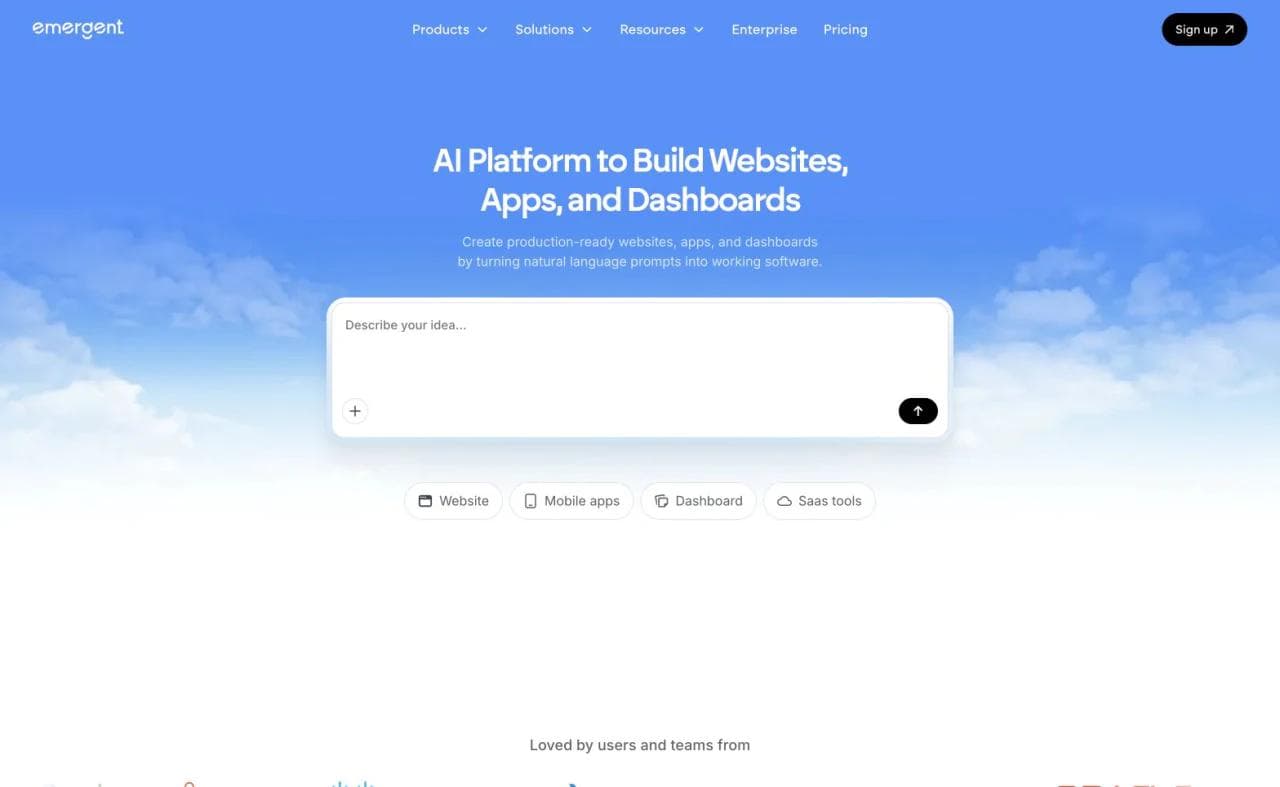 Emergent AI builder prompt with choices for websites, mobile apps, dashboards, and SaaS tools