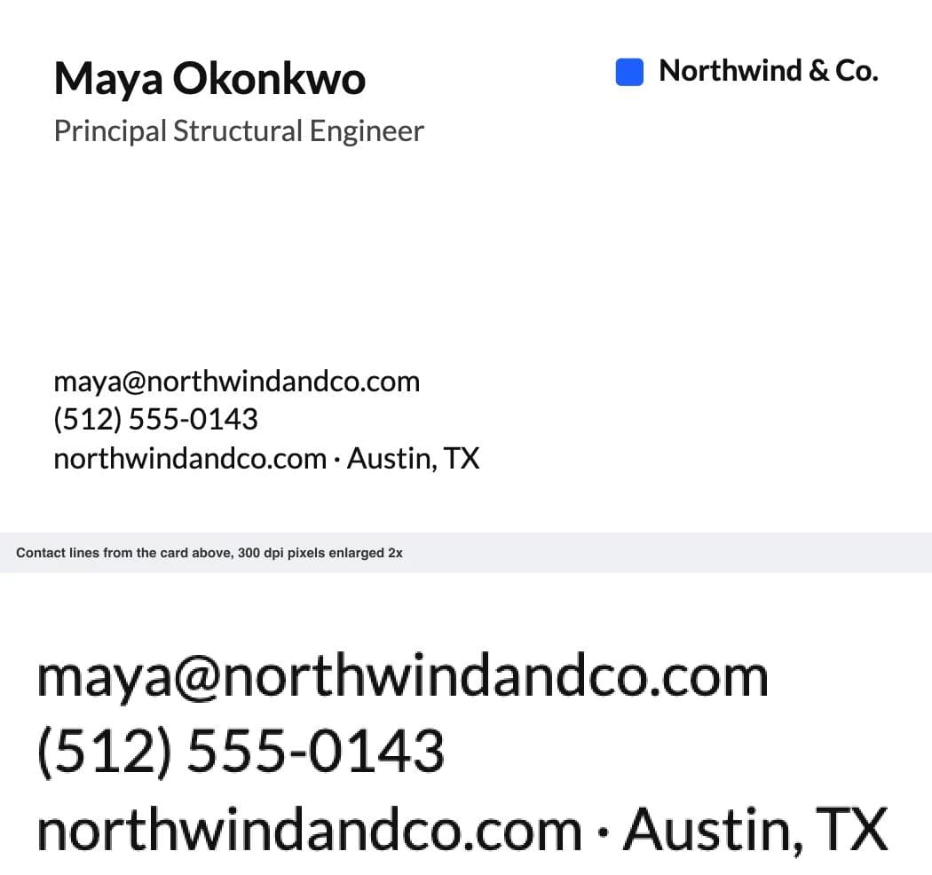 Business card in Lato at 300 dpi: name at 12 pt bold, title and three contact lines at 8 pt, with the contact lines enlarged below