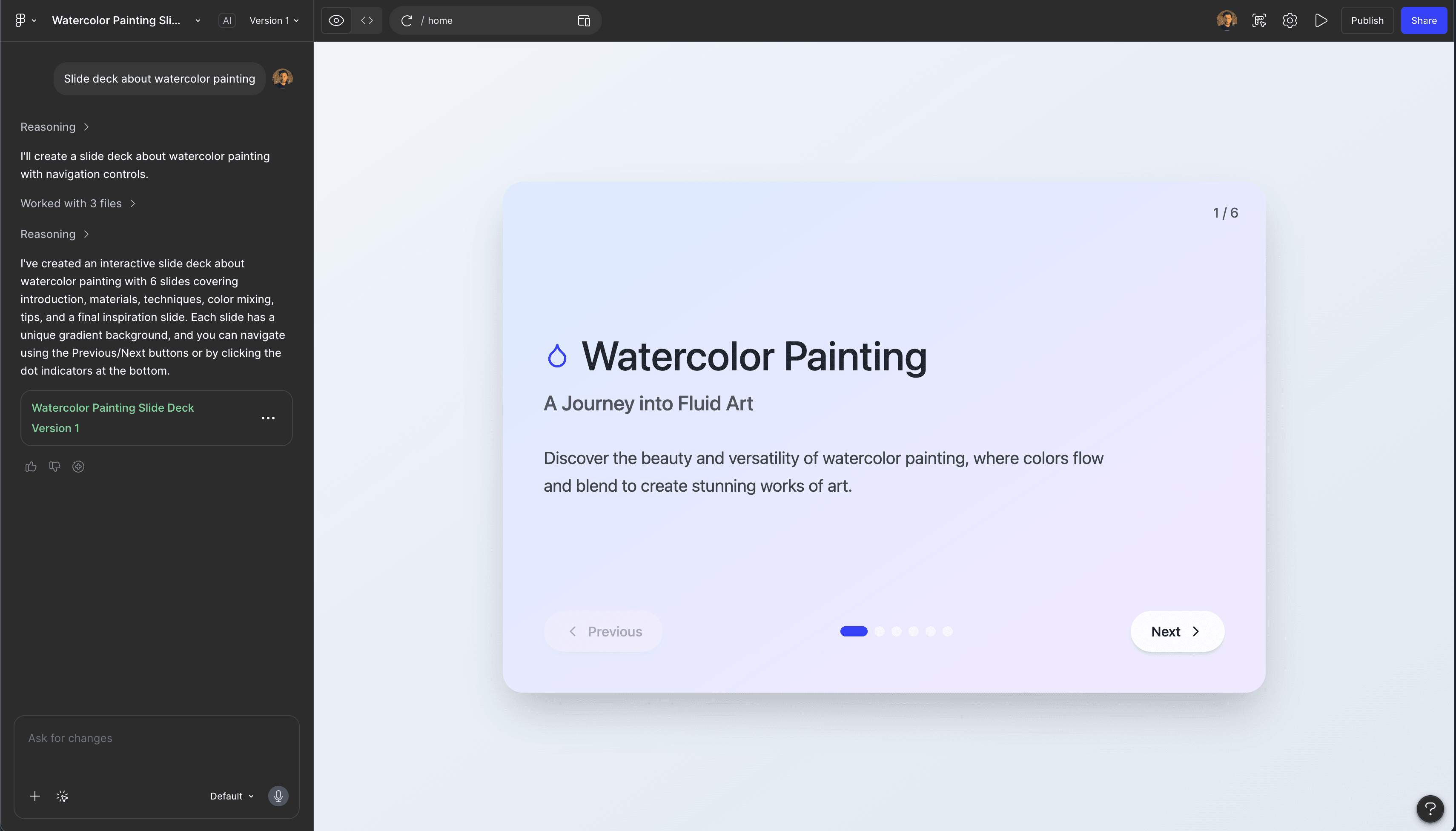 Figma Make interface with an AI conversation and a functional prototype preview