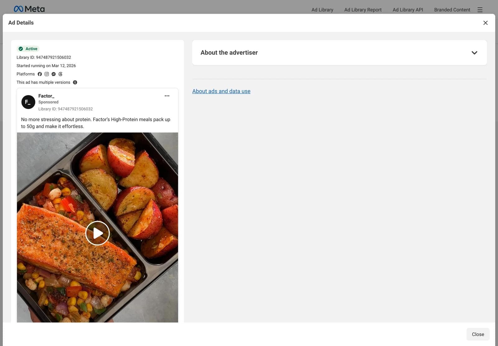The Ad Details panel for a meal kit ad, showing the full primary text, the creative, Platforms, and the versions flag