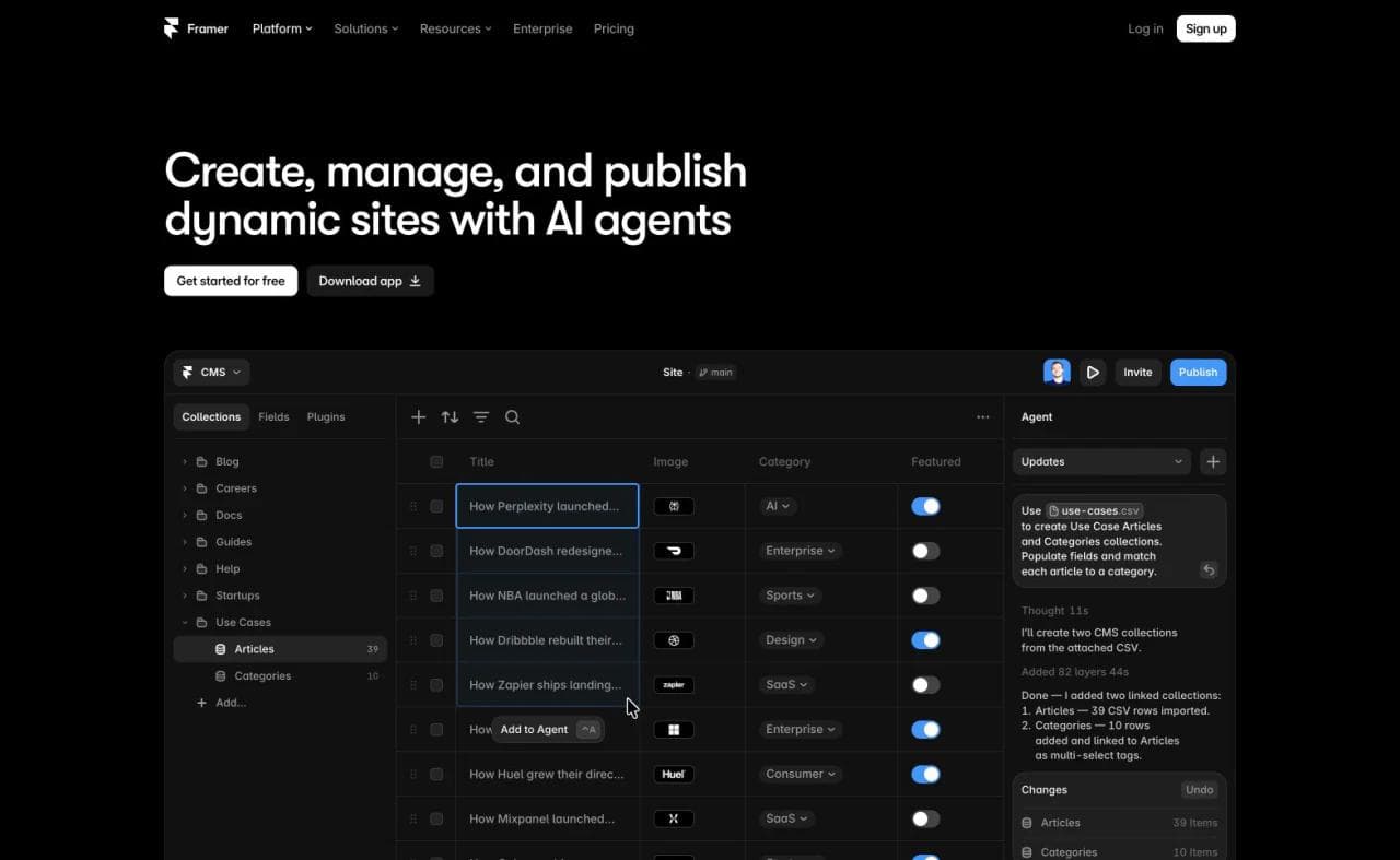 Framer CMS interface with collections, structured fields, publishing controls, and an AI agent panel