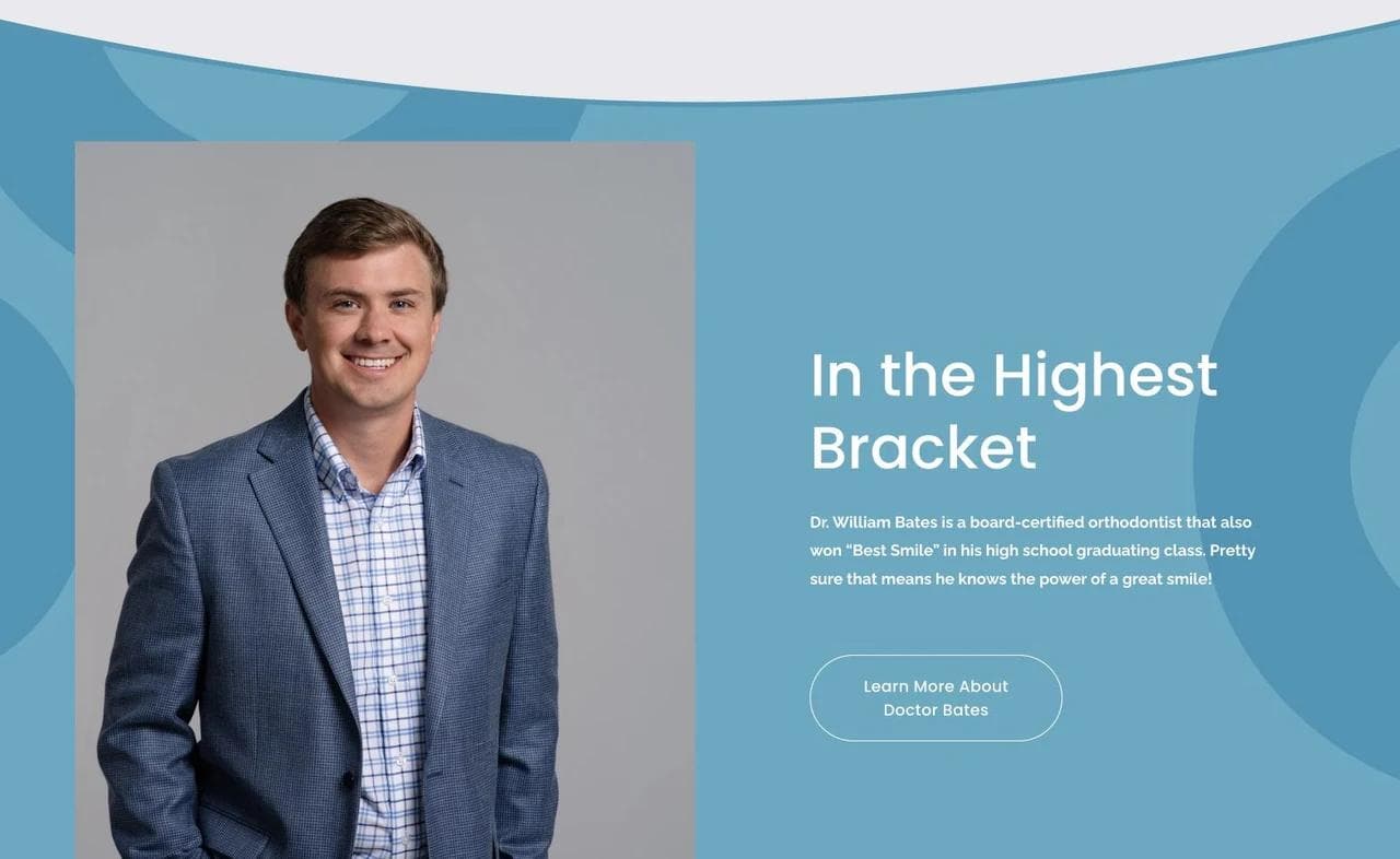 Bates Orthodontics provider section with orthodontist portrait and practice positioning.