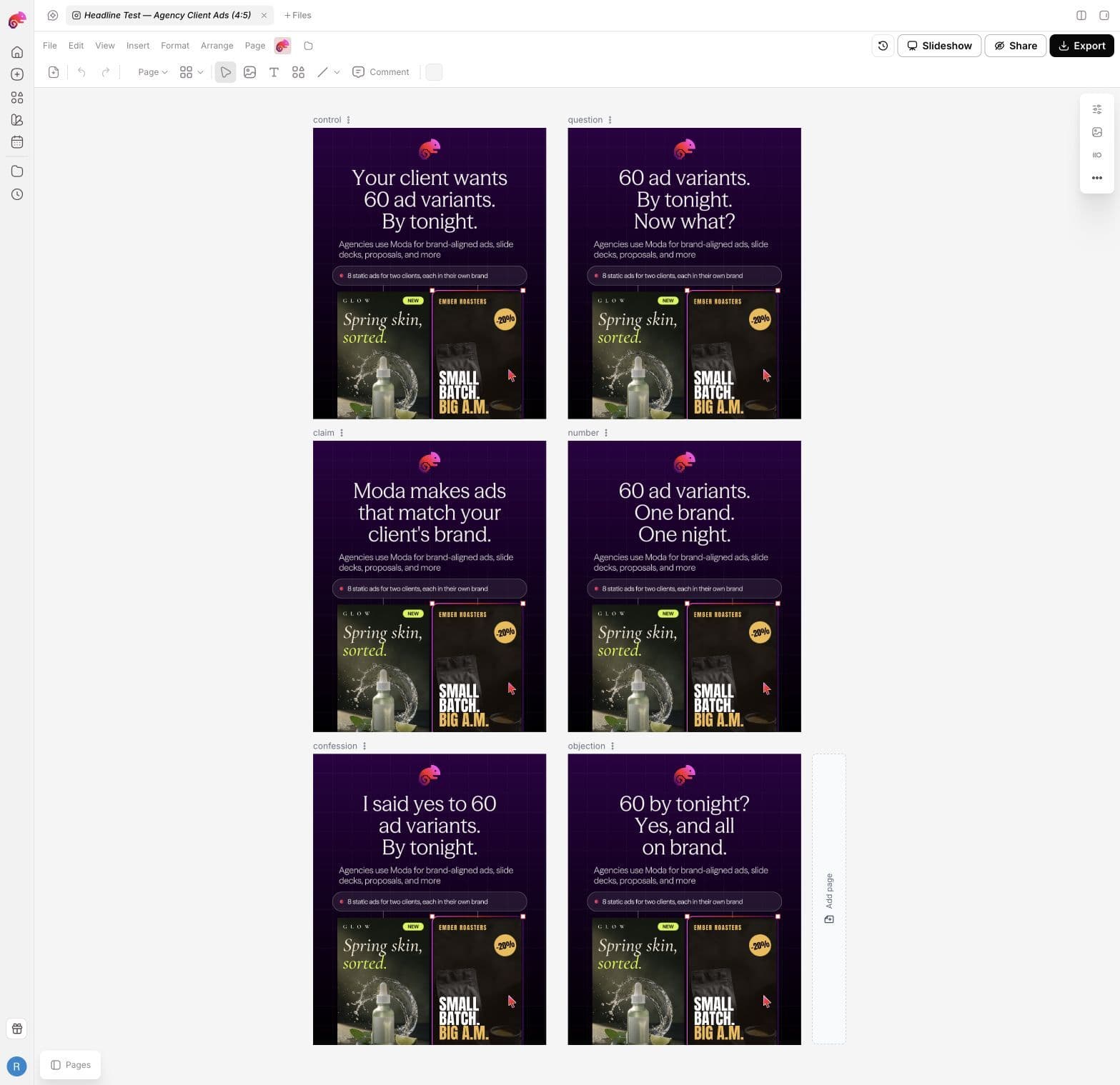 Six headline-test ads on an editable Moda canvas