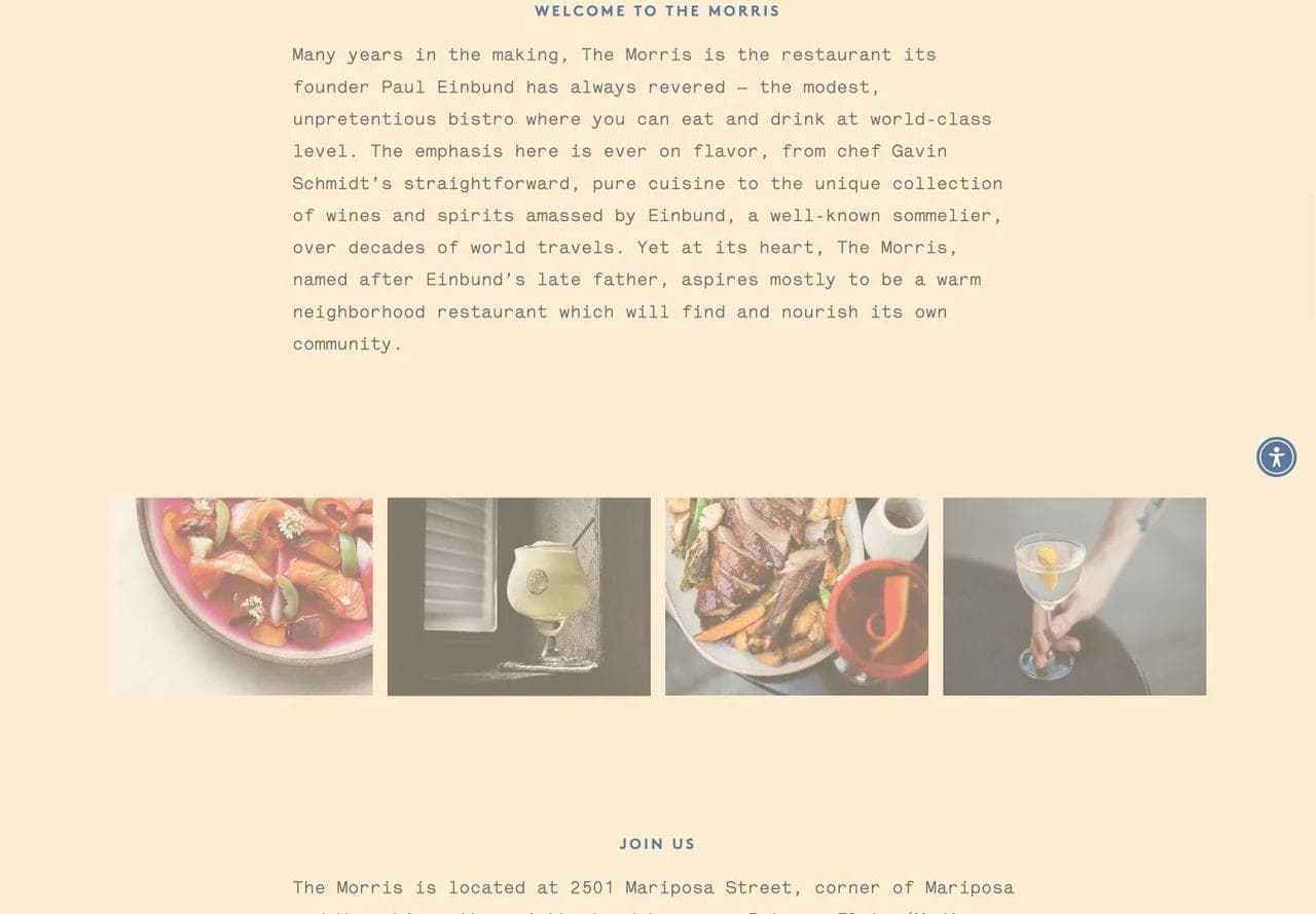The Morris story section describing its neighborhood-bistro position followed by food and team photography.