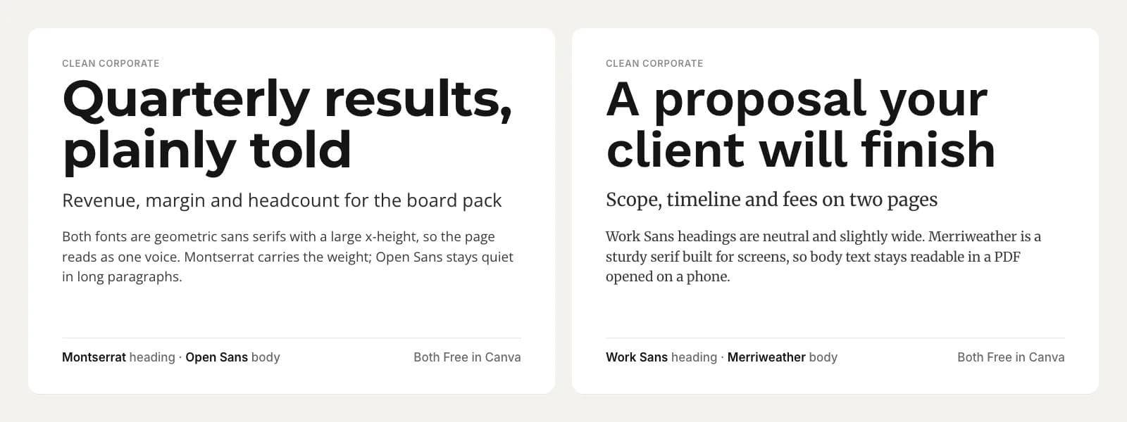 Two clean corporate pairings: Montserrat Bold over Open Sans on a quarterly results heading, and Work Sans Semibold over Merriweather on a proposal heading
