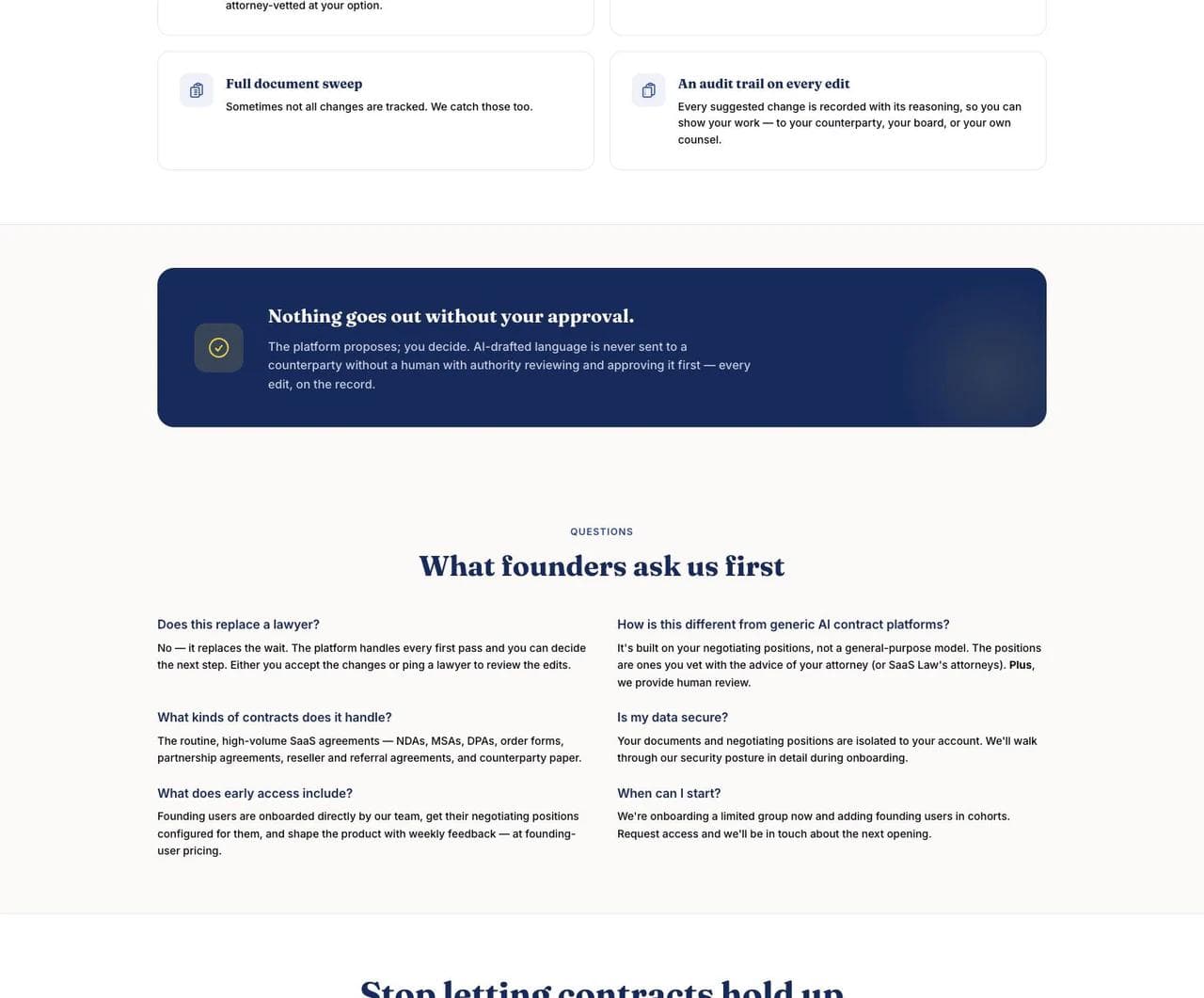 SaaS Law accuracy controls, human approval boundary, and founder FAQs