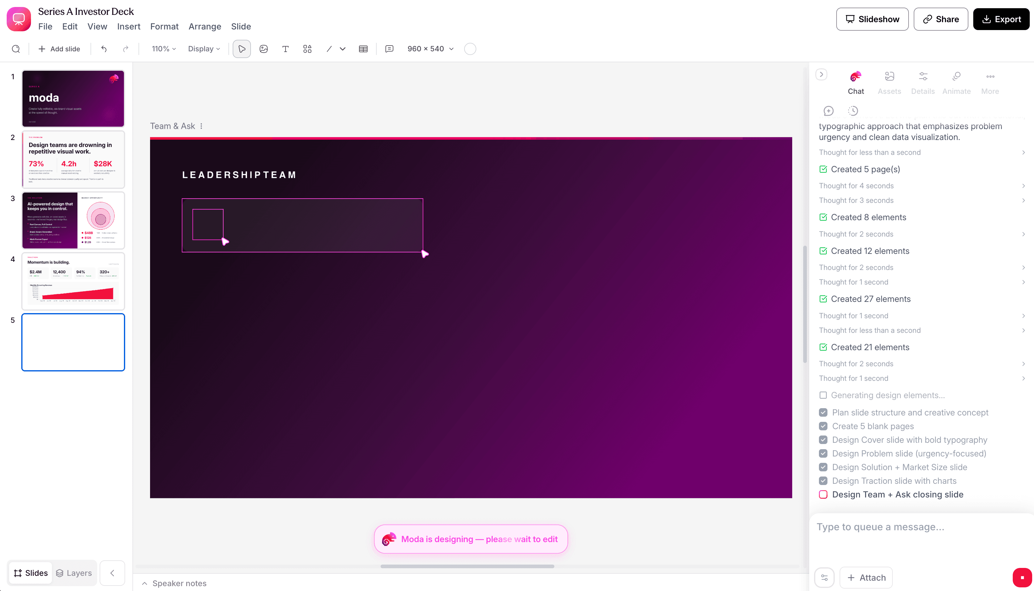 Moda slide editor showing an AI agent building a five-page investor deck on the canvas
