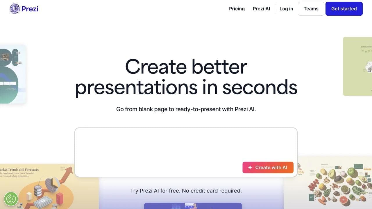 Prezi AI presentation start page with a prompt field and example presentation visuals