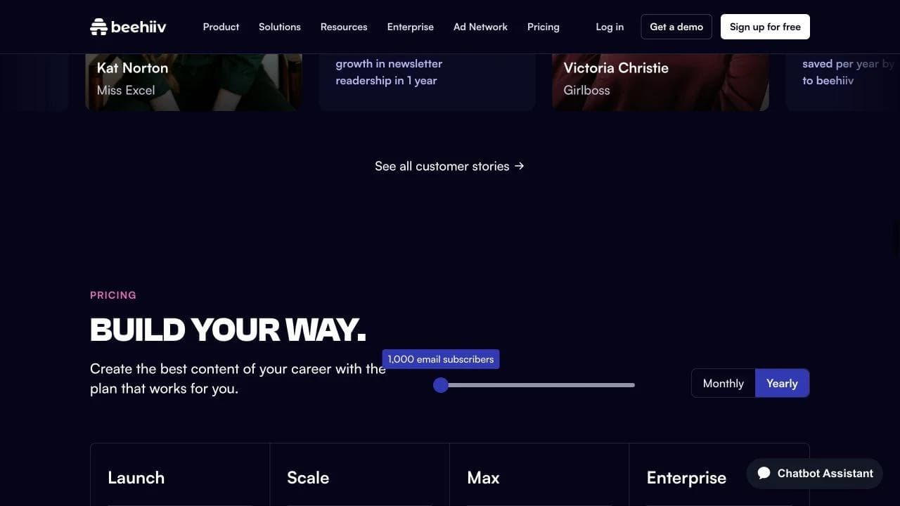 beehiiv pricing section with subscriber slider and Launch, Scale, Max, and Enterprise plans