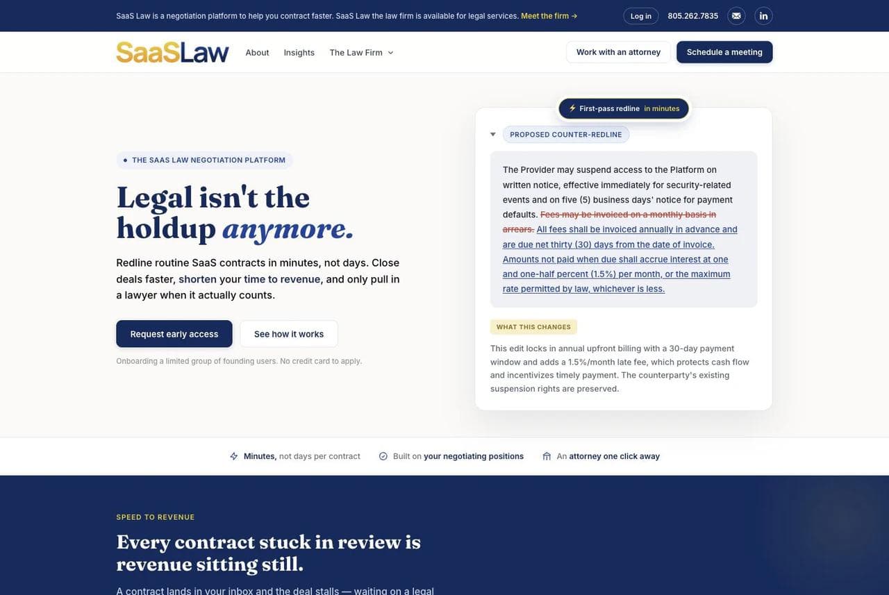 SaaS Law homepage hero with its contract redlining platform and a realistic proposed edit