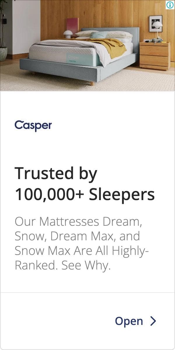 A Casper 300 by 600 display ad: a photo of a bed with a grey mattress, the Casper logo, the headline Trusted by 100,000+ Sleepers, a line about the Dream and Snow mattresses being highly ranked, and an Open link