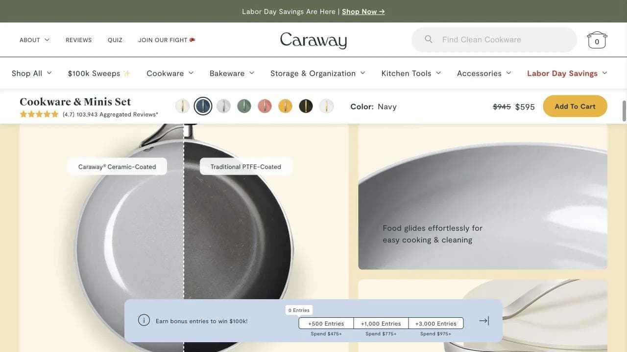 Caraway product page showing cookware materials and performance education