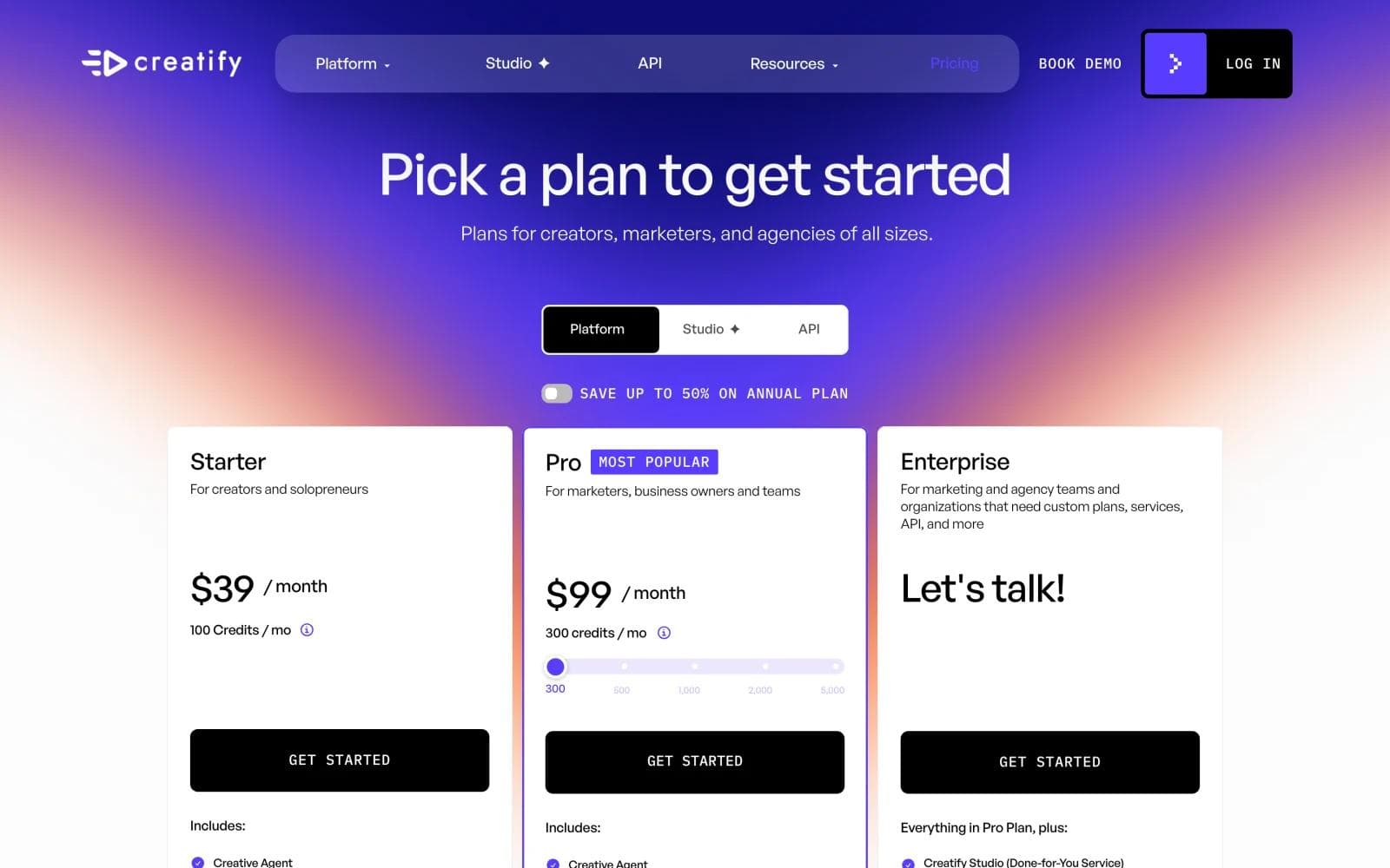 Creatify pricing page showing Starter at $39, Pro at $99 with a credit slider, and Enterprise