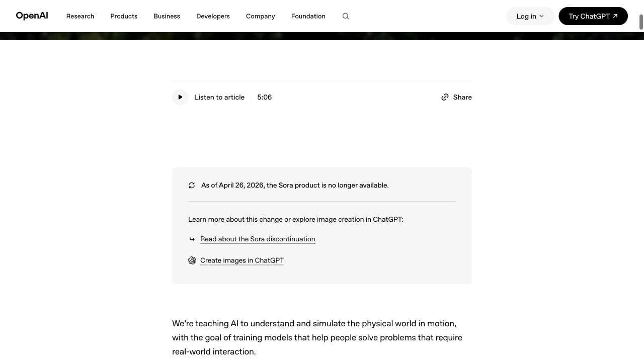 OpenAI page stating that the Sora product is no longer available as of April 26, 2026