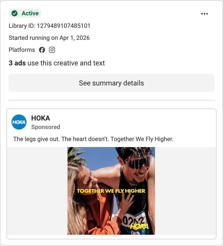 Meta Ad Library card for a HOKA image ad showing a runner in sunglasses and a yellow cap against a blue sky with the words Together We Fly Higher