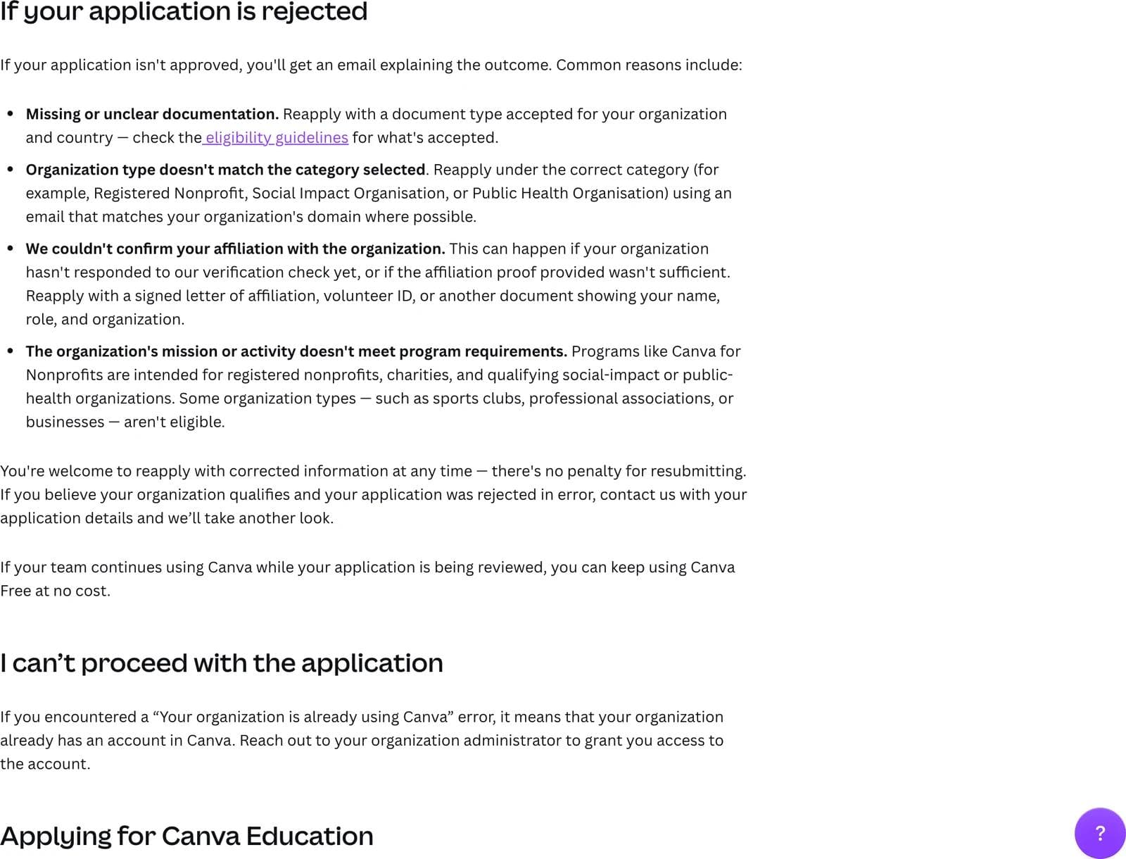 Canva help center page listing four common reasons a nonprofit application is rejected and the fix for each, and stating there is no penalty for resubmitting