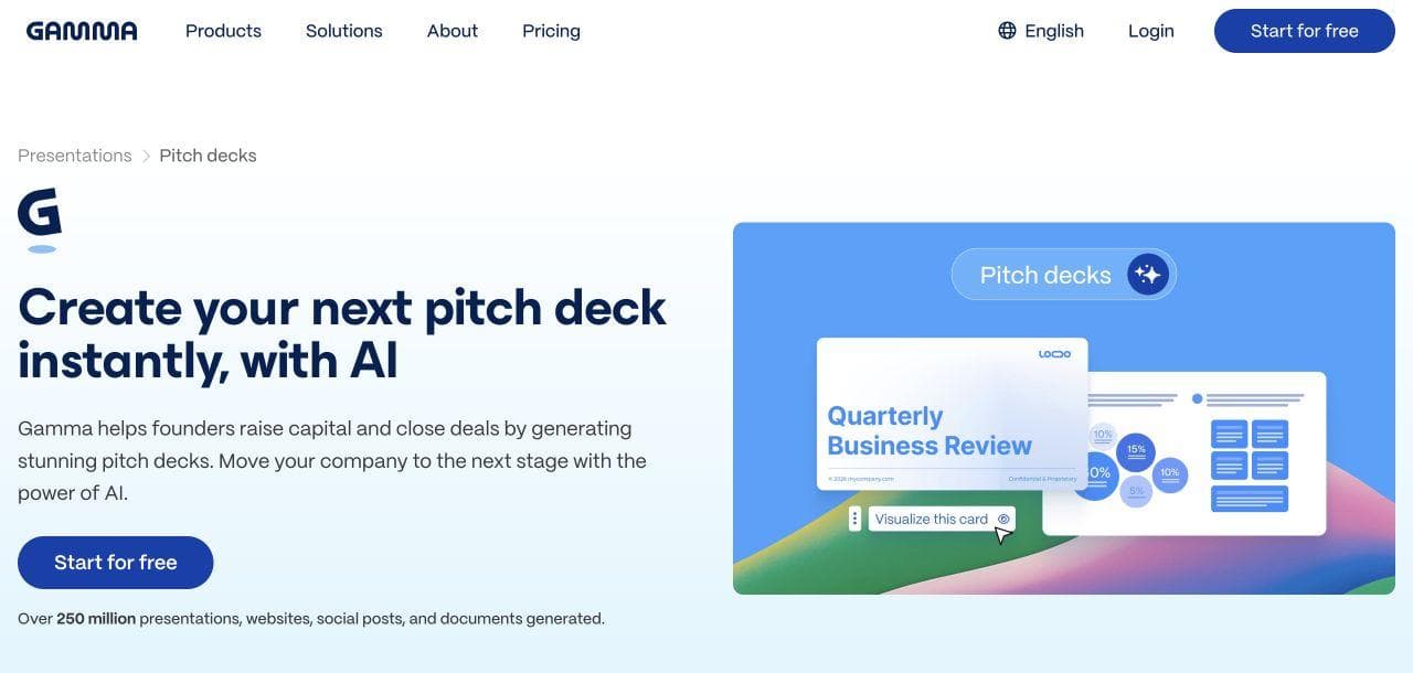 Gamma pitch-deck page with an official example showing a presentation cover and chart layouts