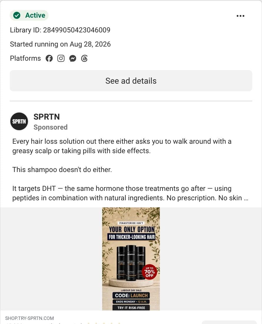 Meta Ad Library card for a SPRTN haircare ad with a dense product graphic: a headline, three bottles, a 70 percent off badge, a Labour Day sale label, a code, an end time, and a risk-free line