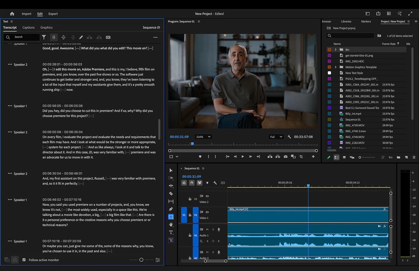 Adobe Premiere workspace with synchronized transcript, program monitor, source media, and multitrack timeline