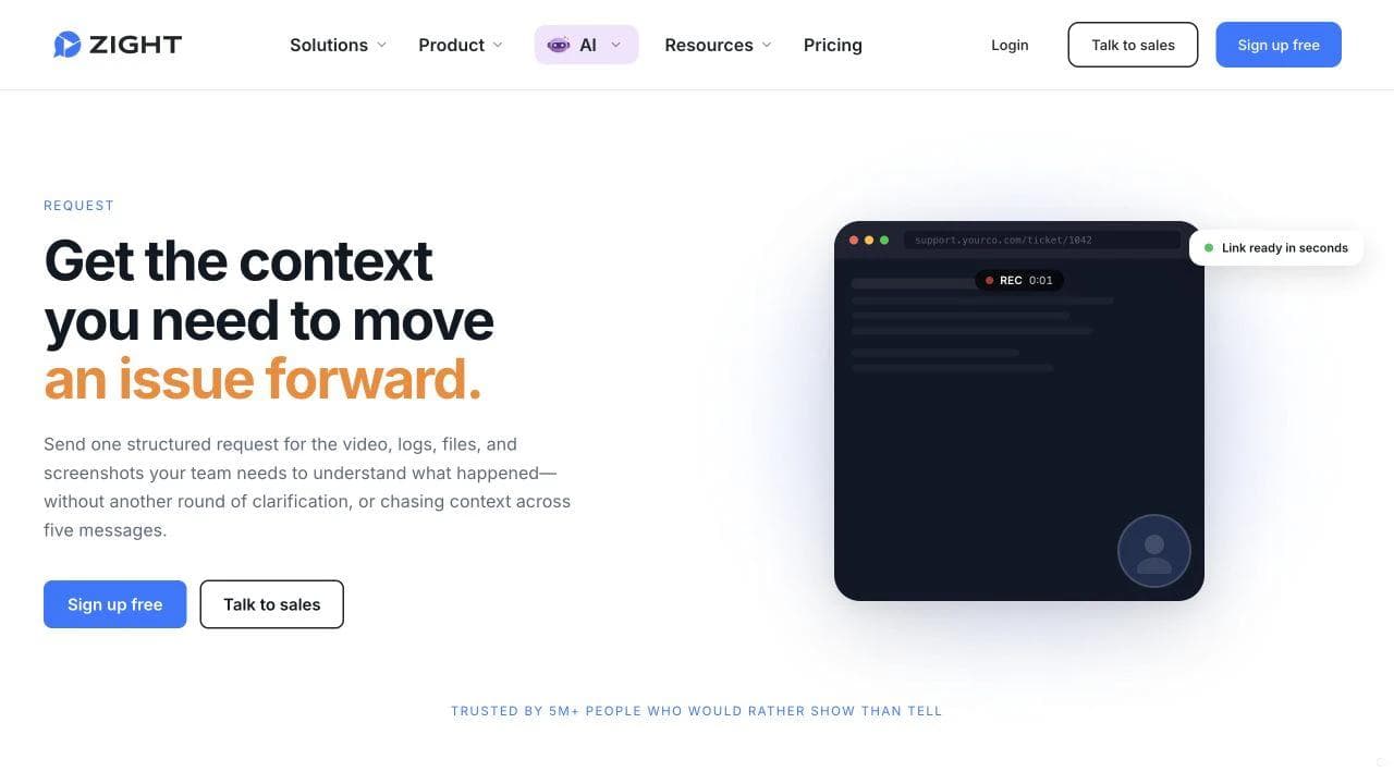 Zight request page showing a support recording link that collects video, logs, files, and screenshots