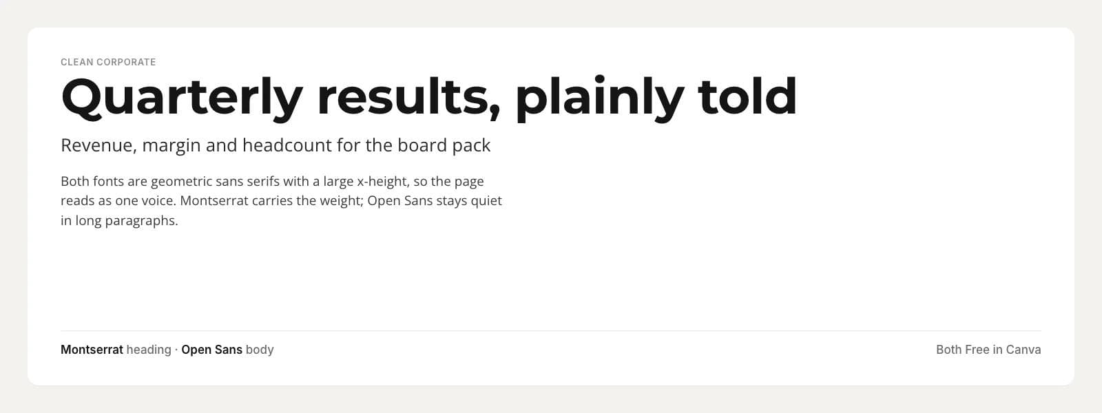 Montserrat heading over Open Sans body on a sample clean corporate layout: "Quarterly results, plainly told"