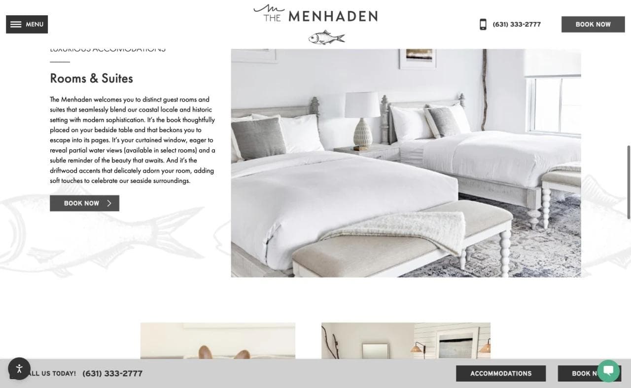 The Menhaden Rooms and Suites section with room imagery and booking action