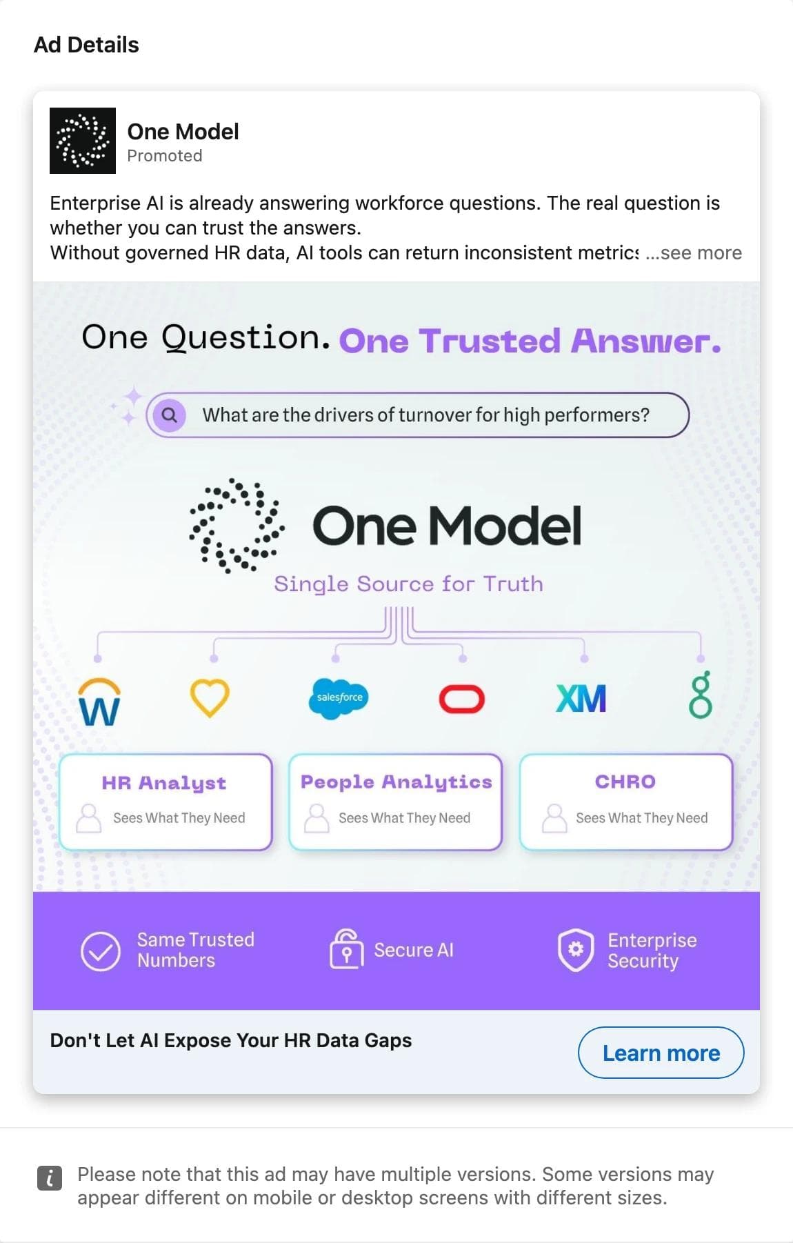 LinkedIn single image ad by One Model: a question in a search bar, the One Model logo as a single source for truth, a row of HR system logos beneath it, and three user cards