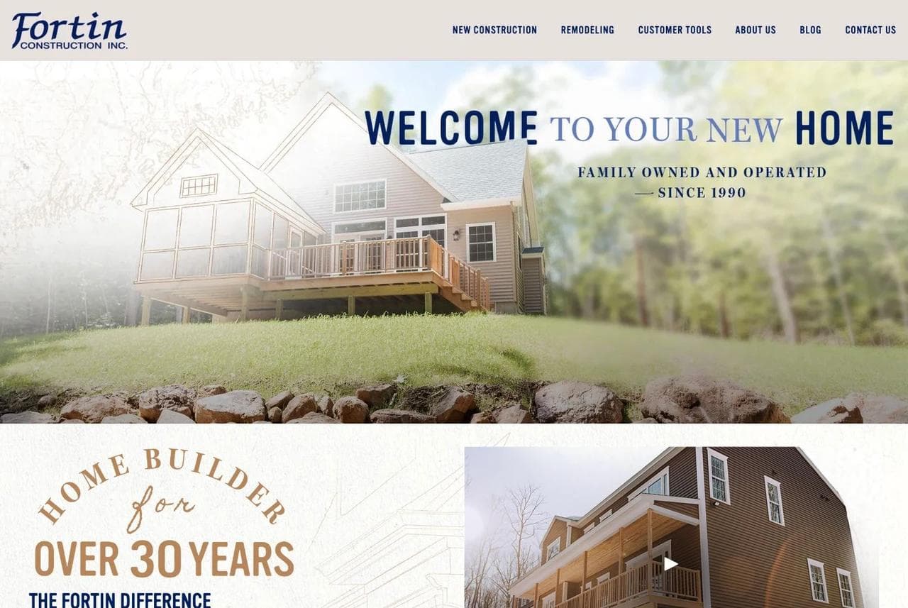 Fortin Construction custom-home homepage hero and family positioning