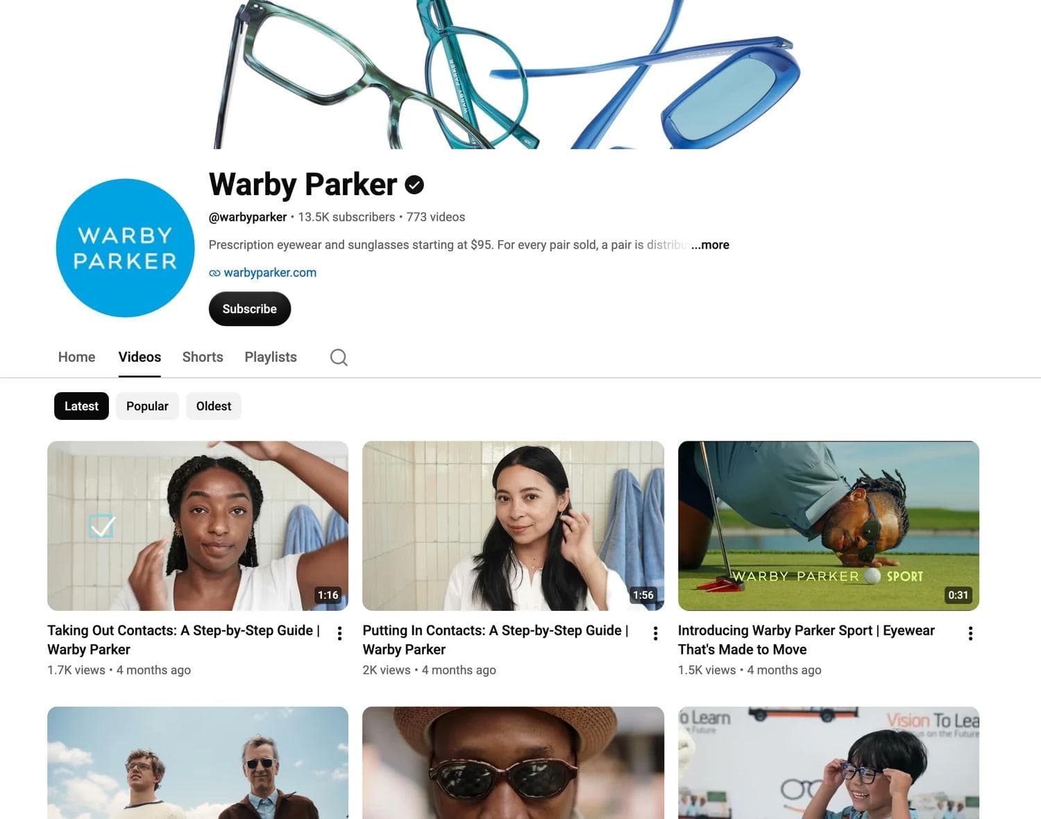 Warby Parker's YouTube Videos tab showing 773 videos and three most recent uploads dated four months ago