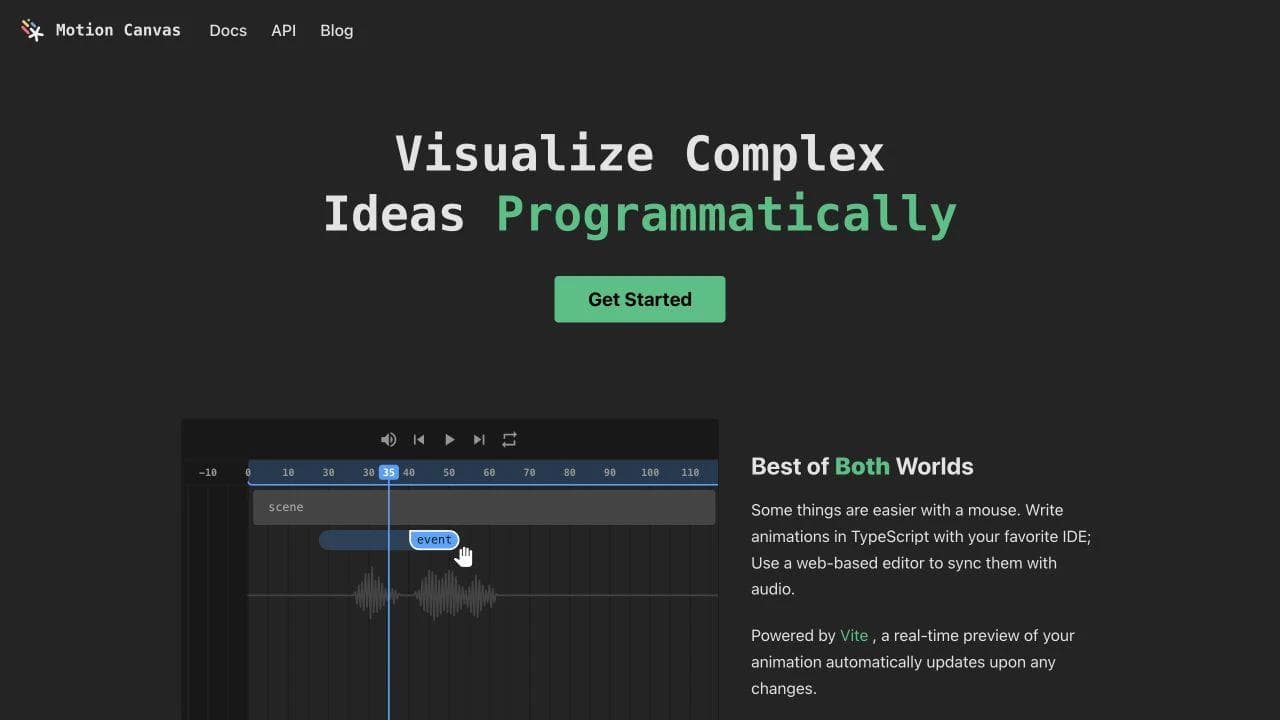 Motion Canvas website showing its audio timeline and TypeScript-first animation workflow