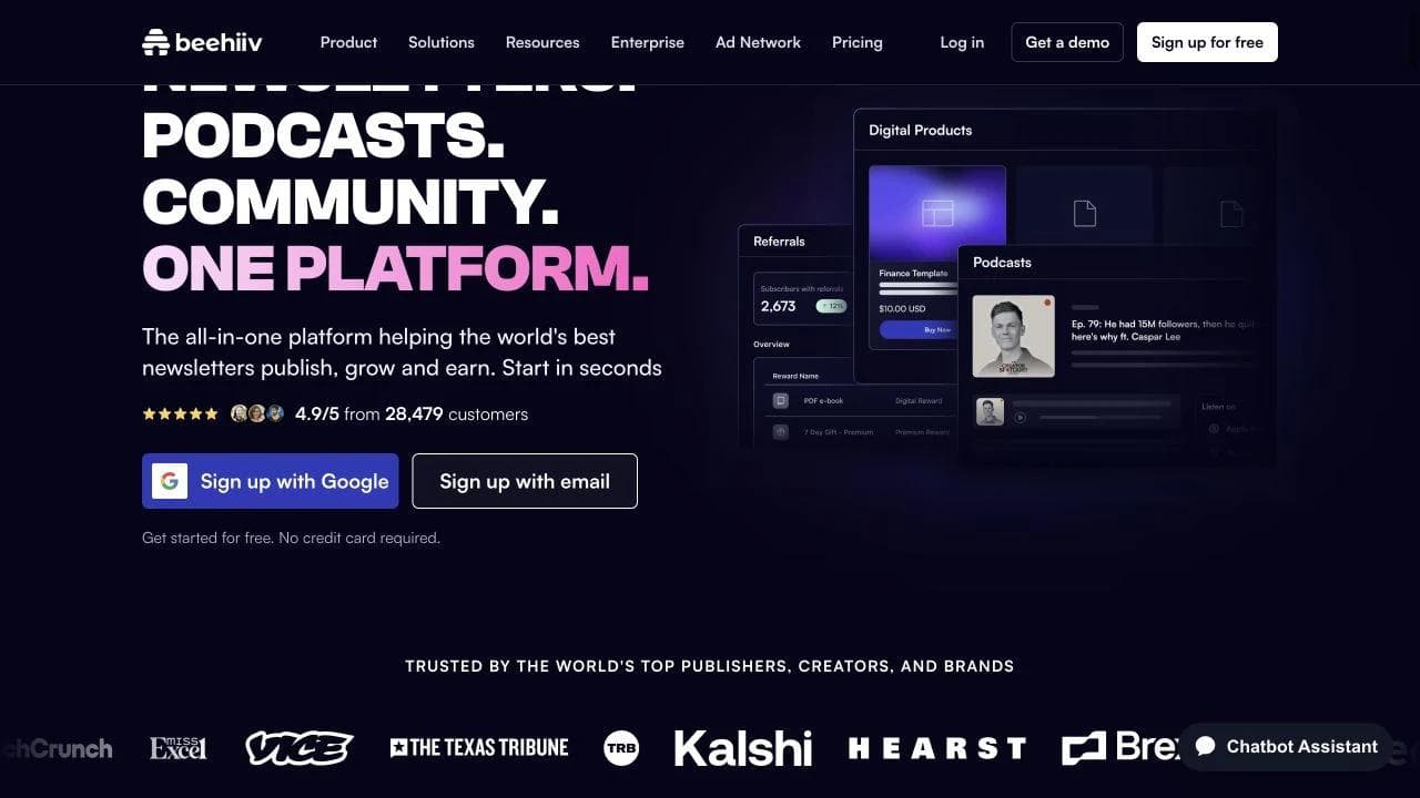 beehiiv homepage hero with its platform promise, signup options, rating, and product surfaces