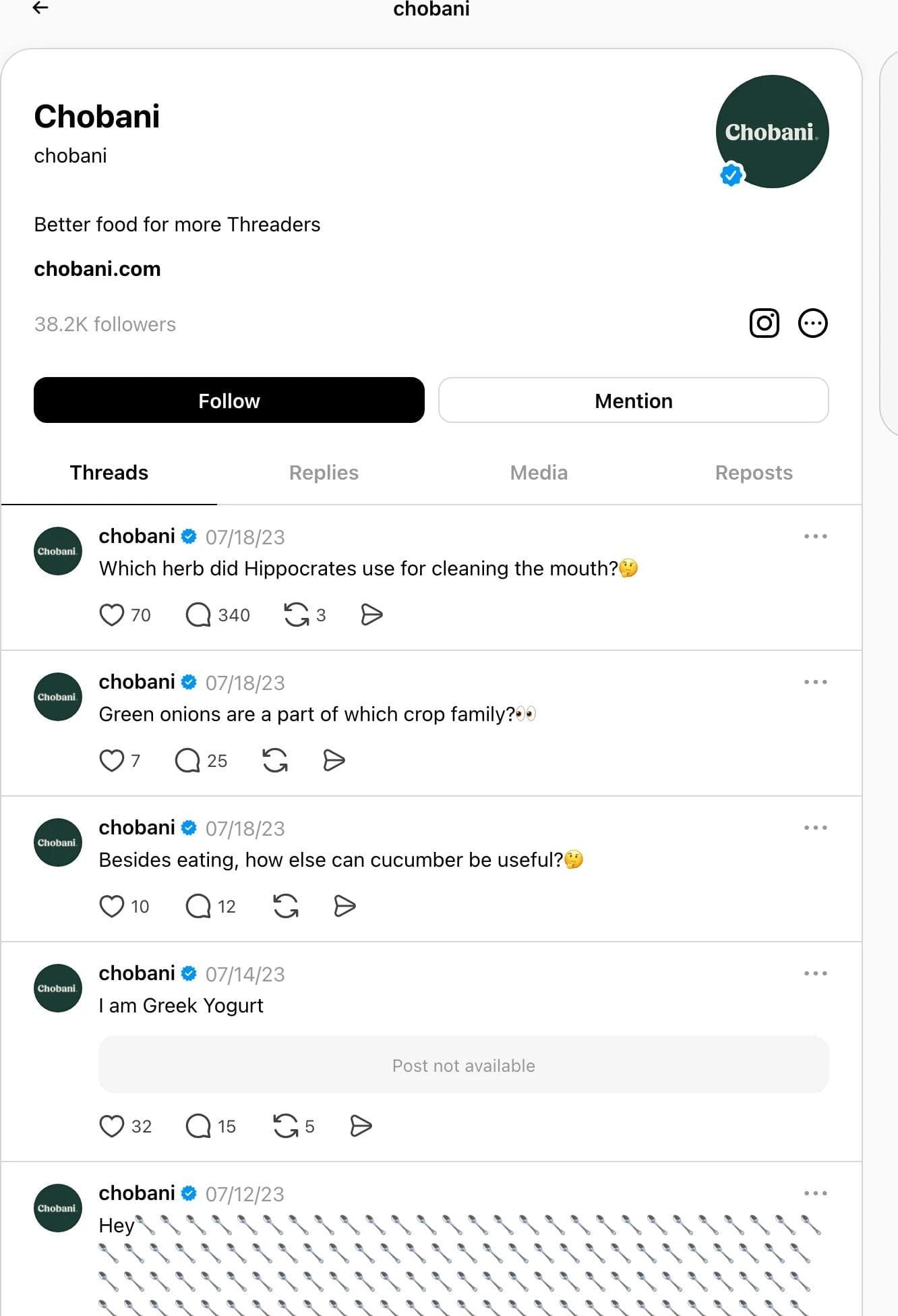 Chobani's Threads profile, verified with 38.2K followers, most recent post dated 07/18/23