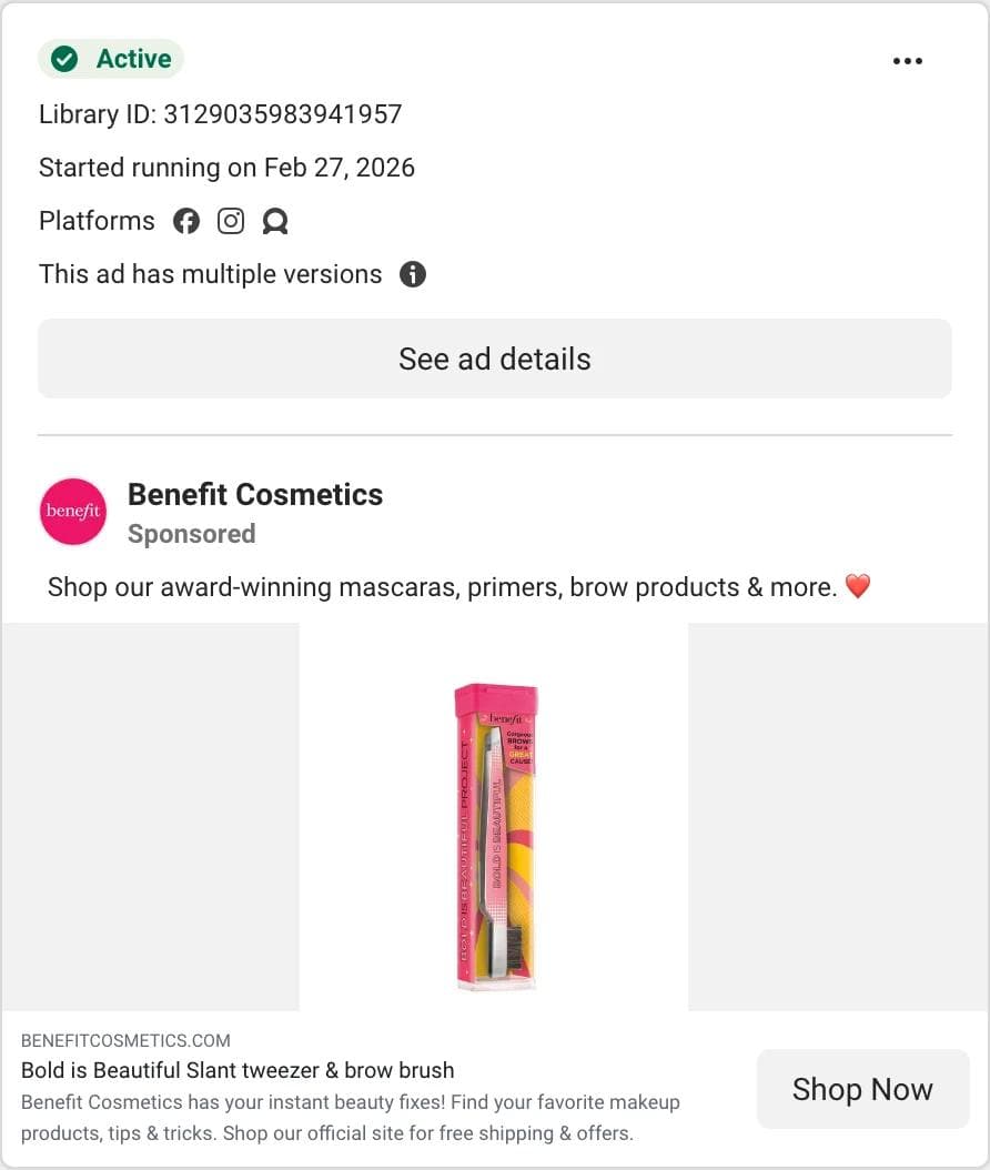 Meta Ad Library card for a Benefit Cosmetics ad showing a single brush on a plain field with an award-winning claim