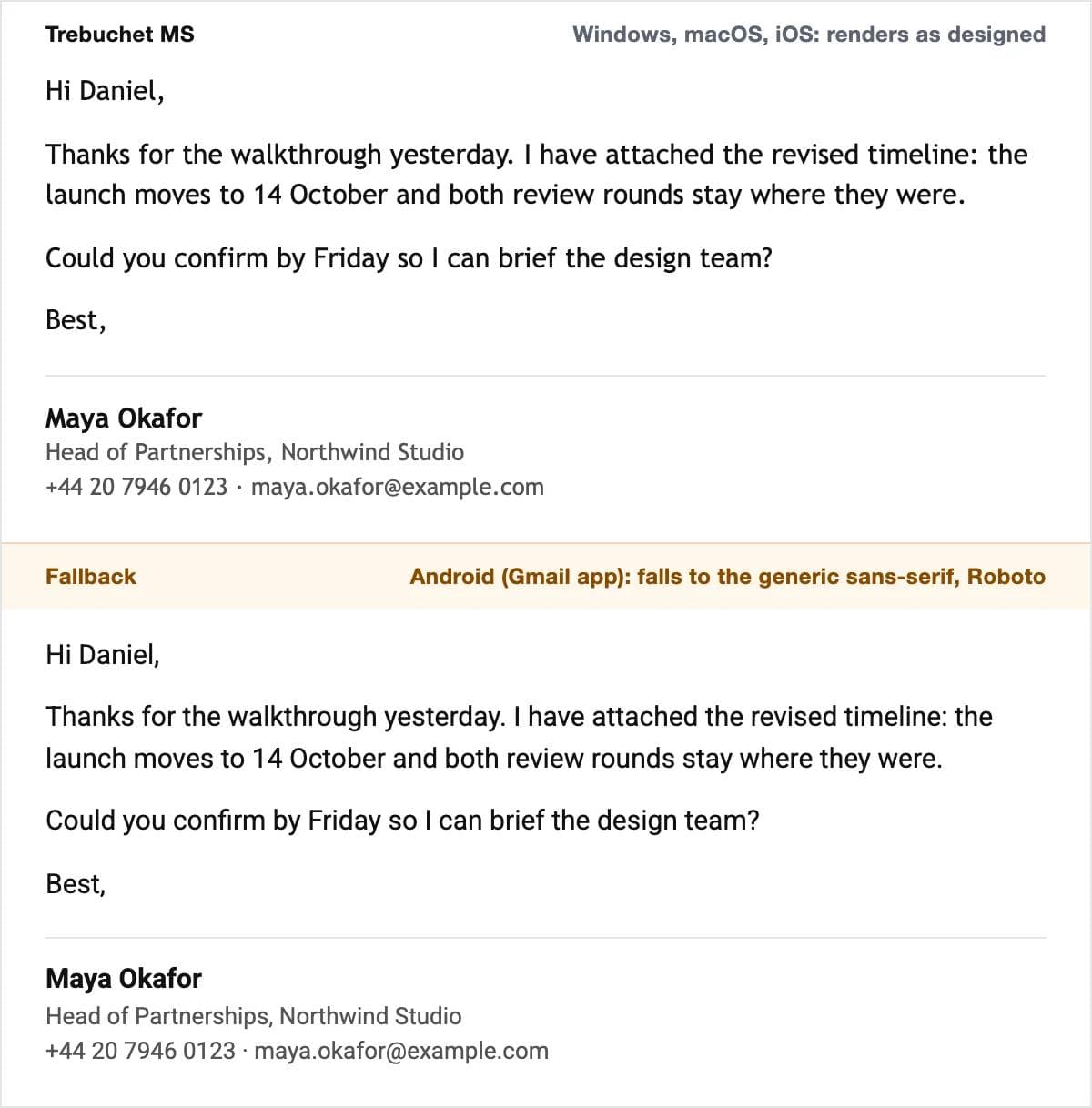 Trebuchet MS on the sample email at 15 px, with the Android fallback, Roboto, rendered below it