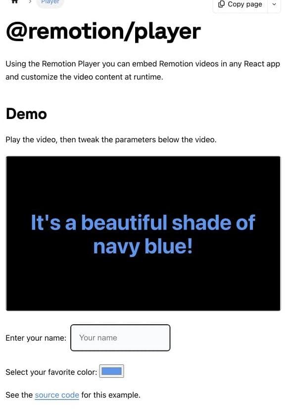 Remotion Player documentation with an embedded video and editable name and color parameters