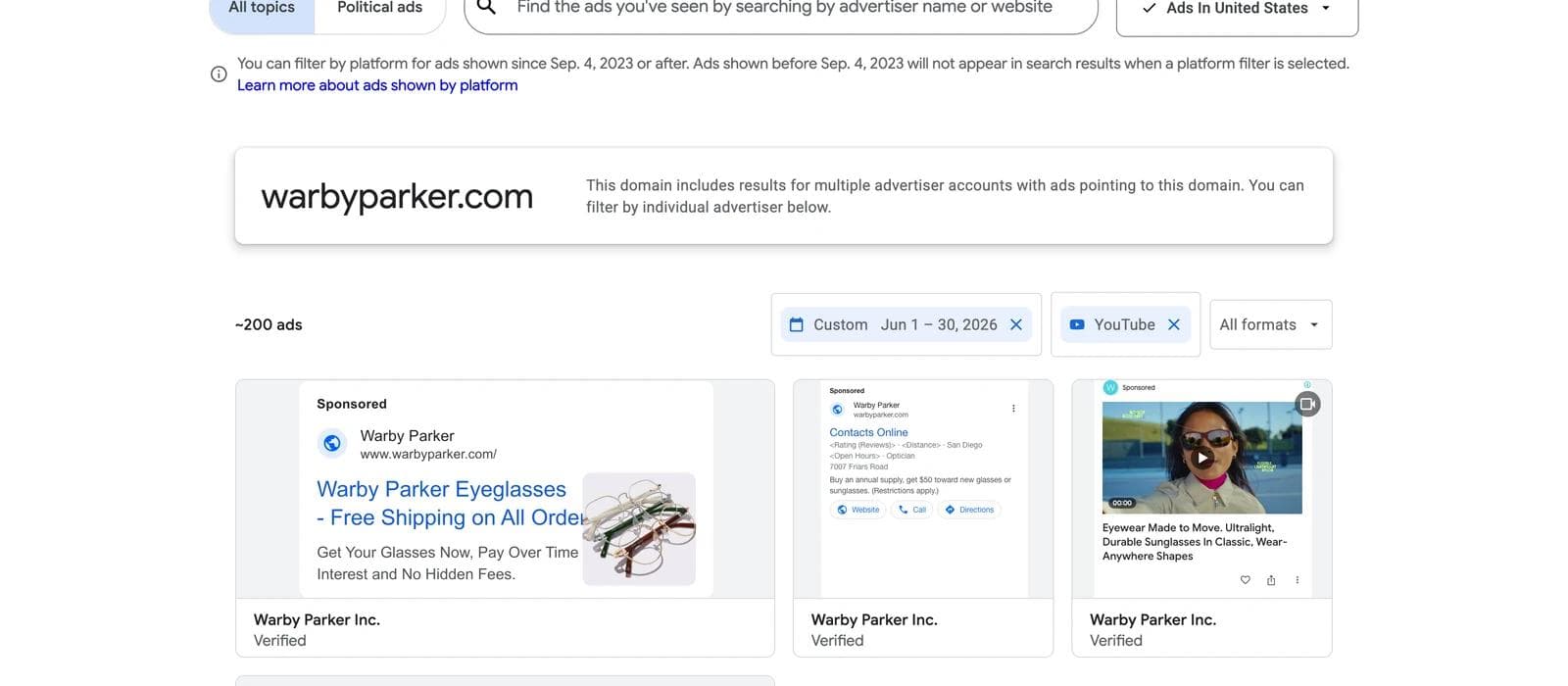 An Ads Transparency Center listing for warbyparker.com opened from a URL with a platform and custom date range, showing the chips Custom Jun 1 to 30, 2026 and YouTube, and a notice that the platform filter covers ads shown since September 4, 2023