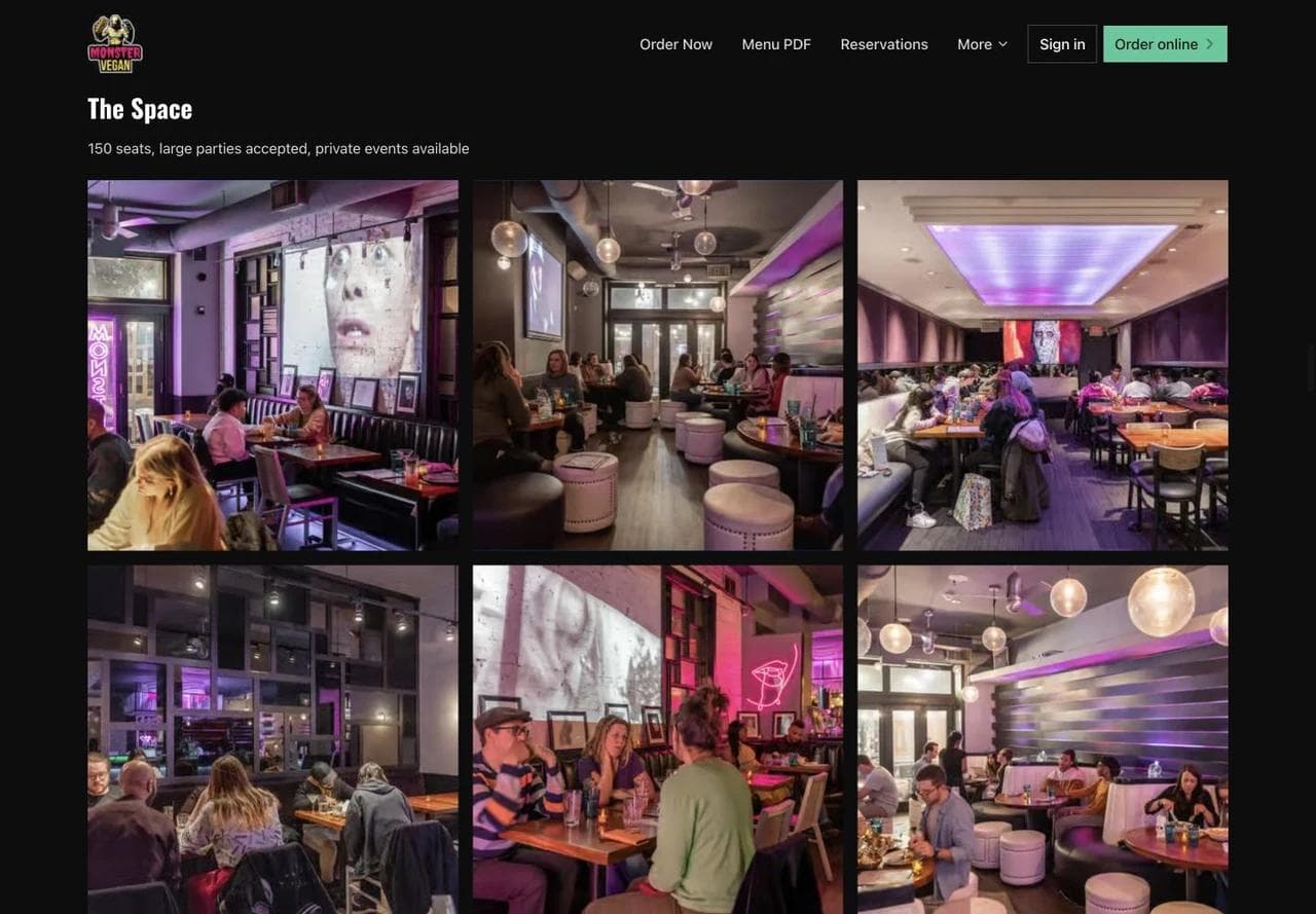 Monster Vegan gallery showing the dining room, bar, and private-event space.