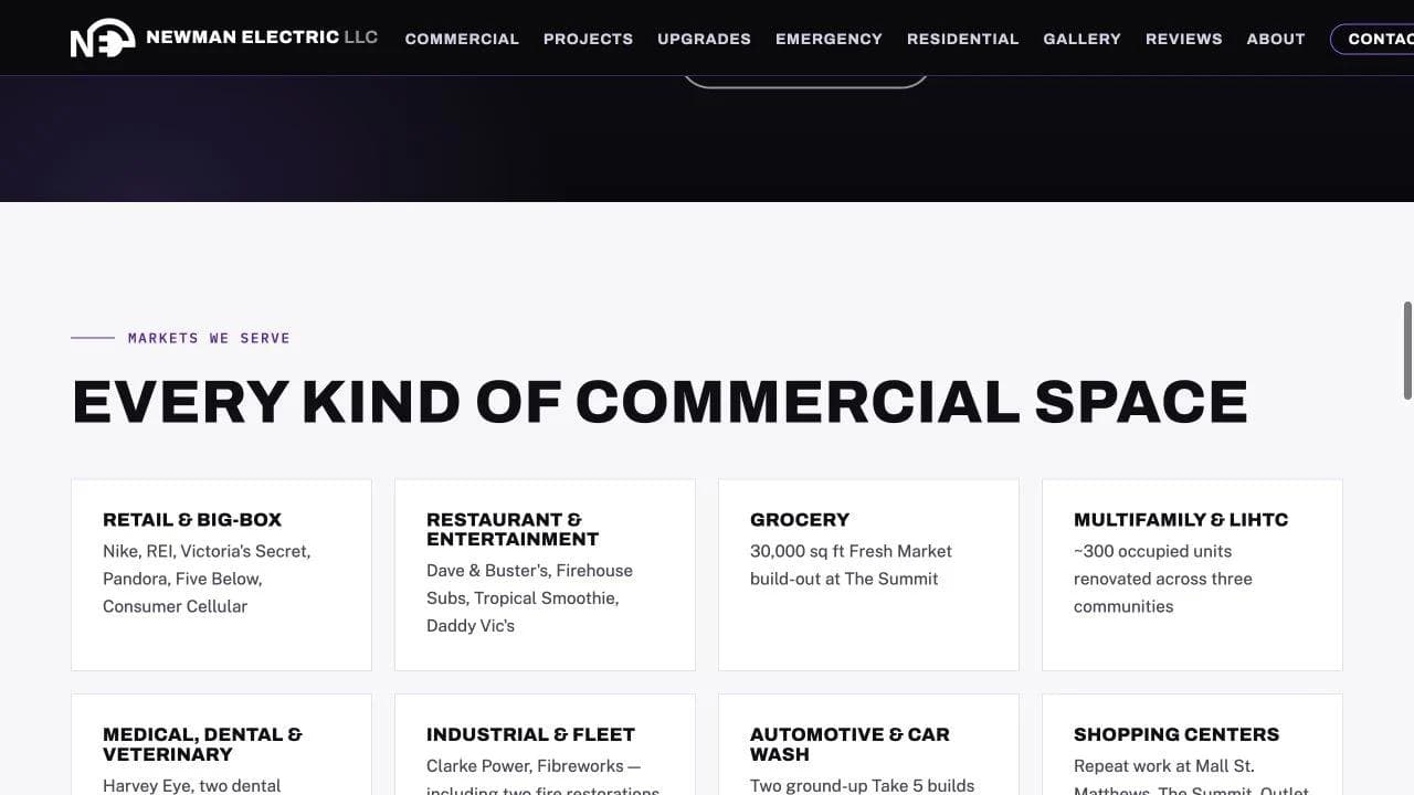 Newman Electric middle website section