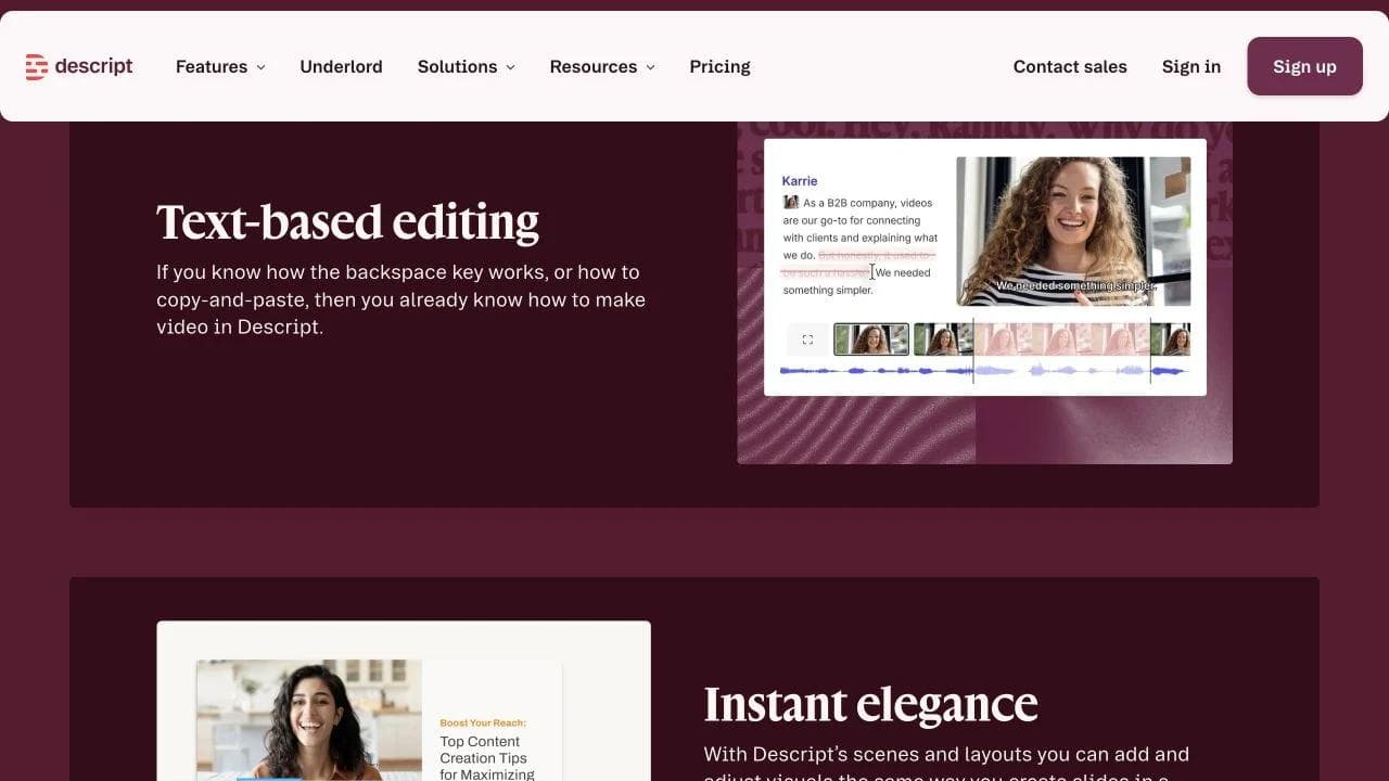 Descript editor with transcript, video preview, captions, waveform, and clip timeline