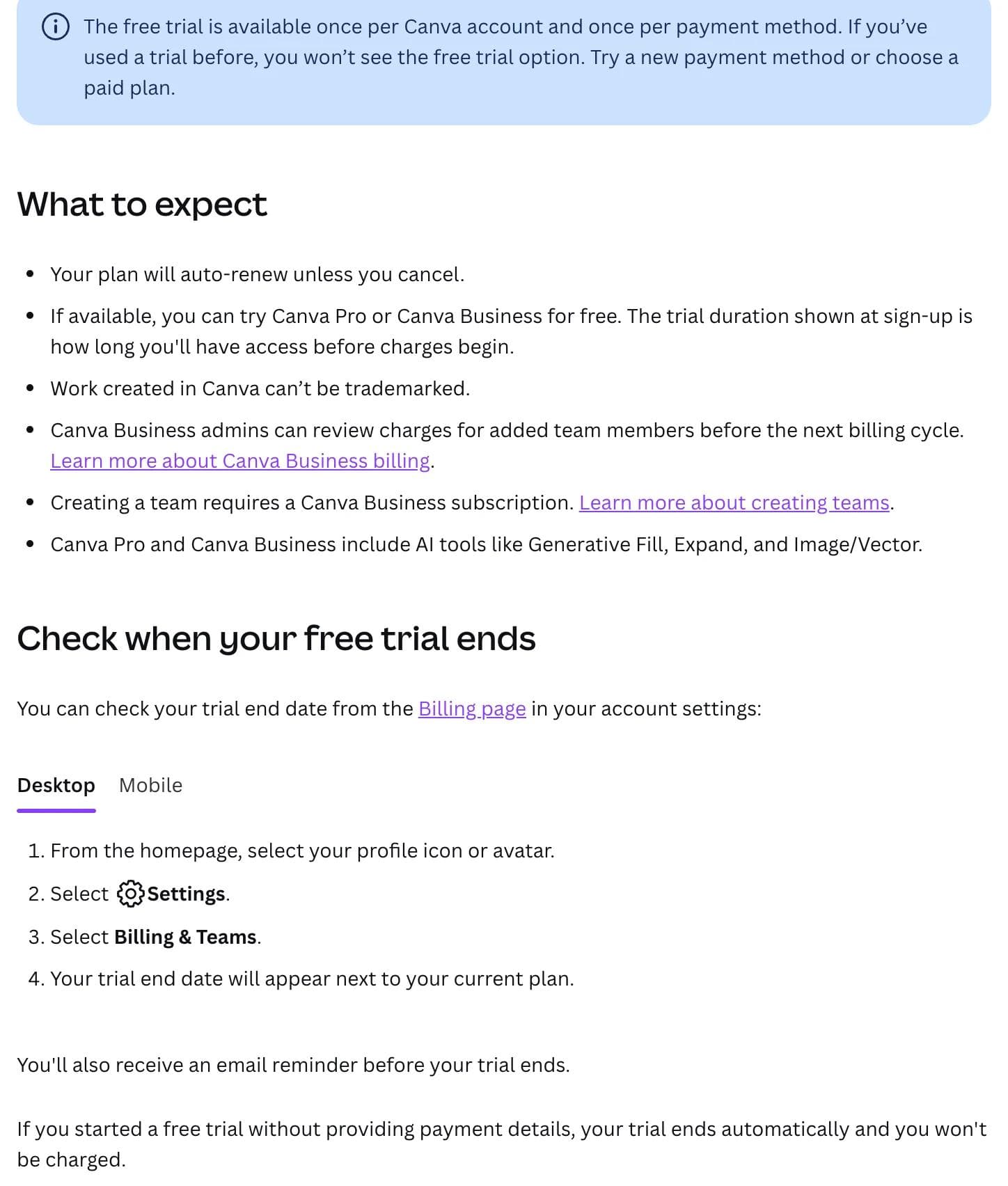 The free trial terms from Canva's upgrade help article