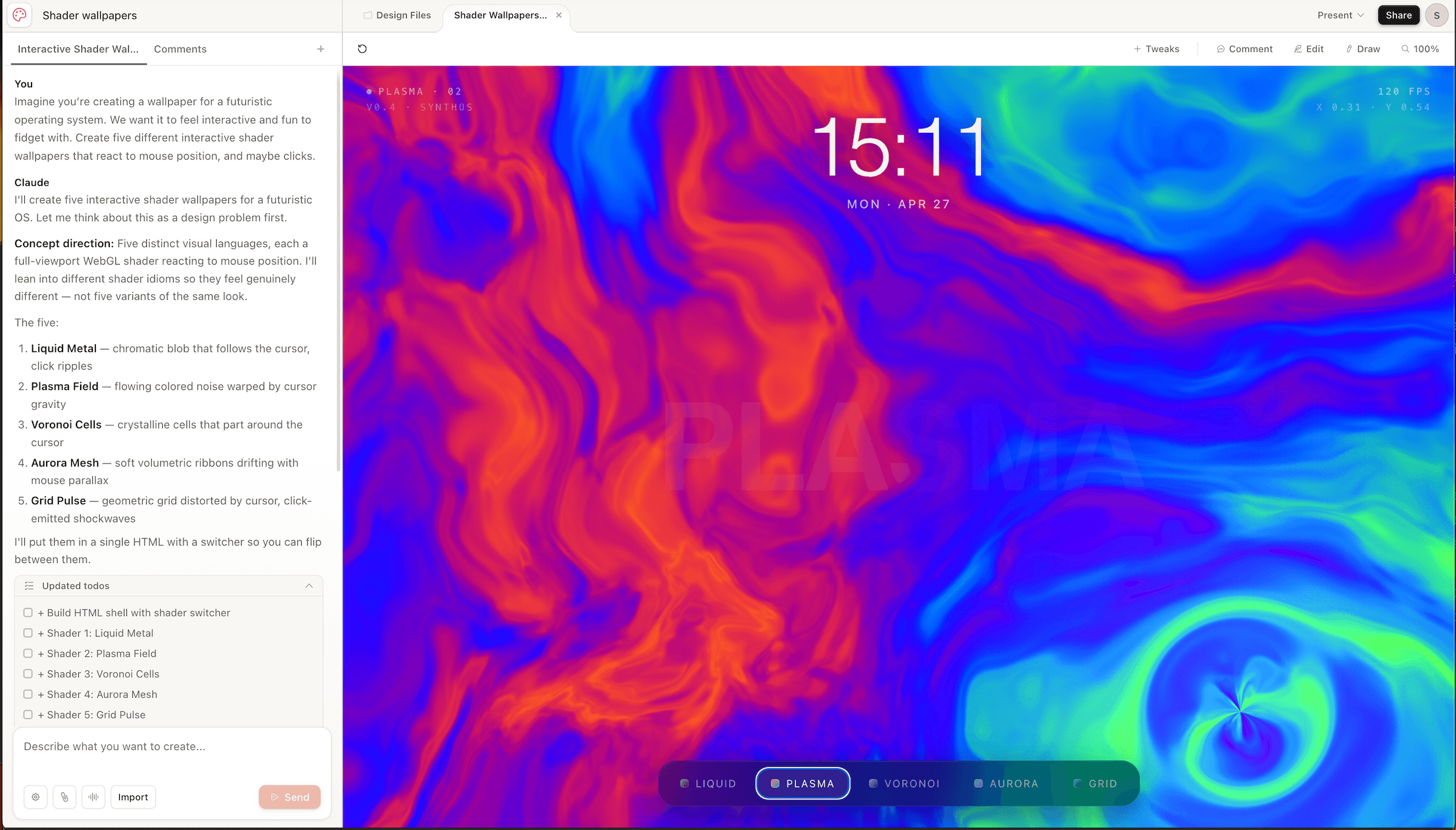 Claude Design with a conversation on the left and a generated visual canvas on the right