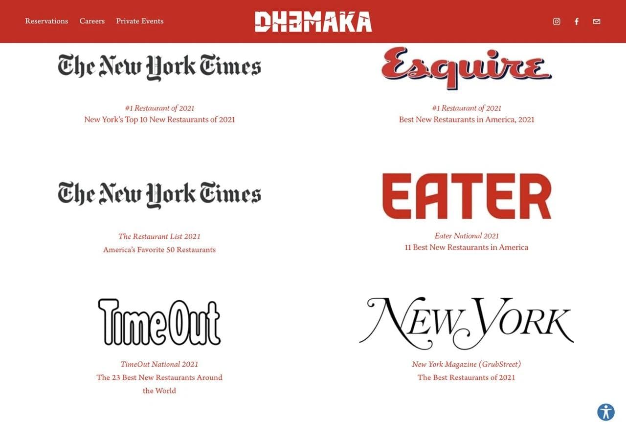 Dhamaka press section showing recognition from The New York Times, Esquire, Eater, Time Out, and New York Magazine.